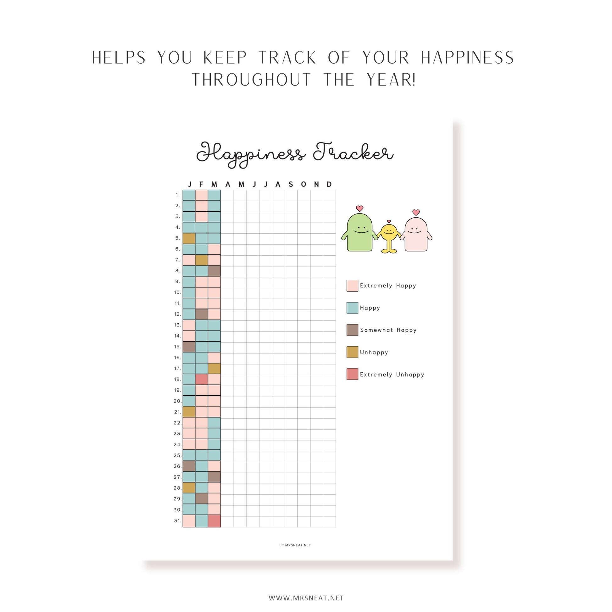 Happiness Tracker, PRINTABLE Journal Page, Planner Page, Daily Tracker, Mood Tracker, Track Mood, Track Happiness, Happy Tracker, 2 Versions, A4, A5, Letter, Half Letter, Printable Planner, Digital Planner