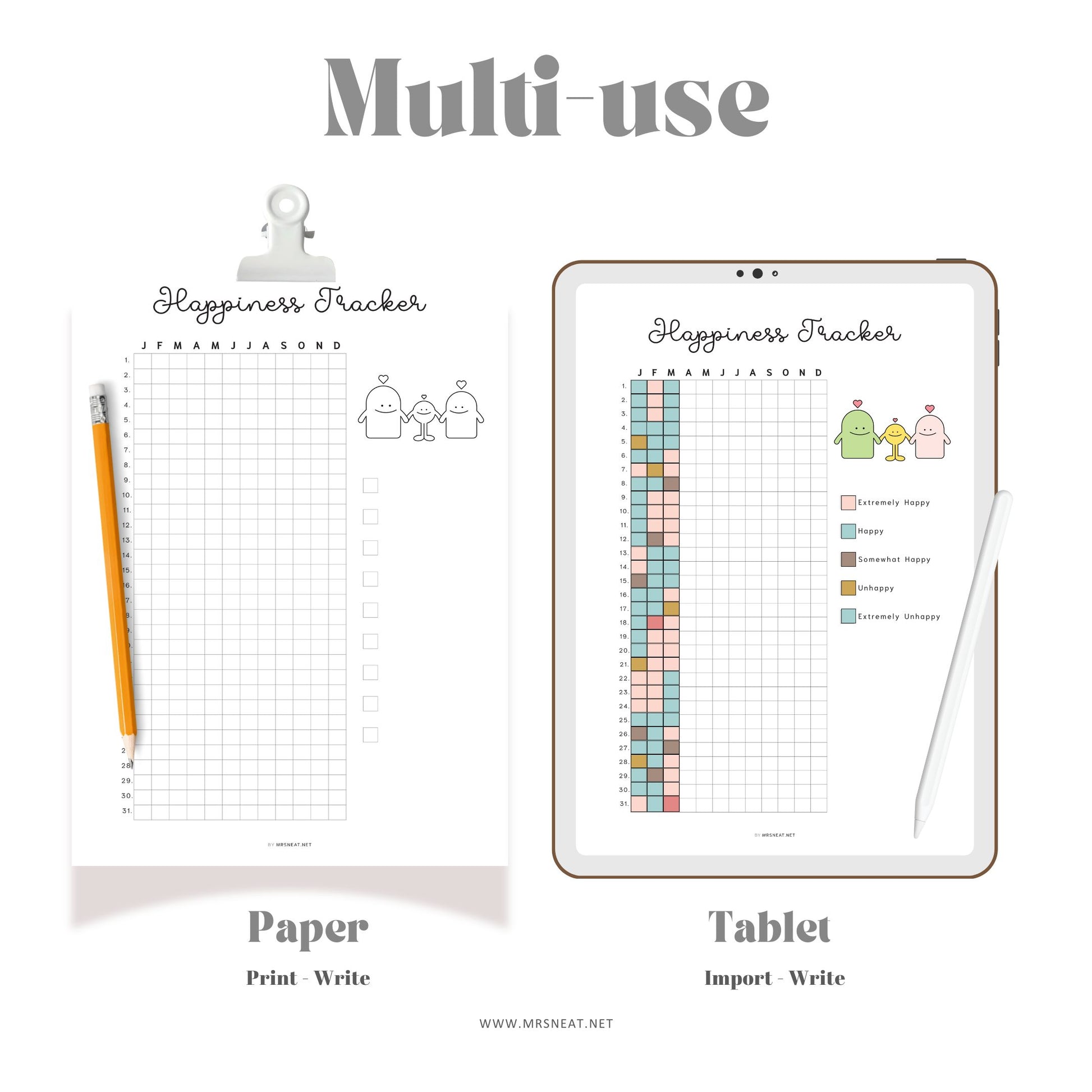 Happiness Tracker, PRINTABLE Journal Page, Planner Page, Daily Tracker, Mood Tracker, Track Mood, Track Happiness, Happy Tracker, 2 Versions, A4, A5, Letter, Half Letter, Printable Planner, Digital Planner