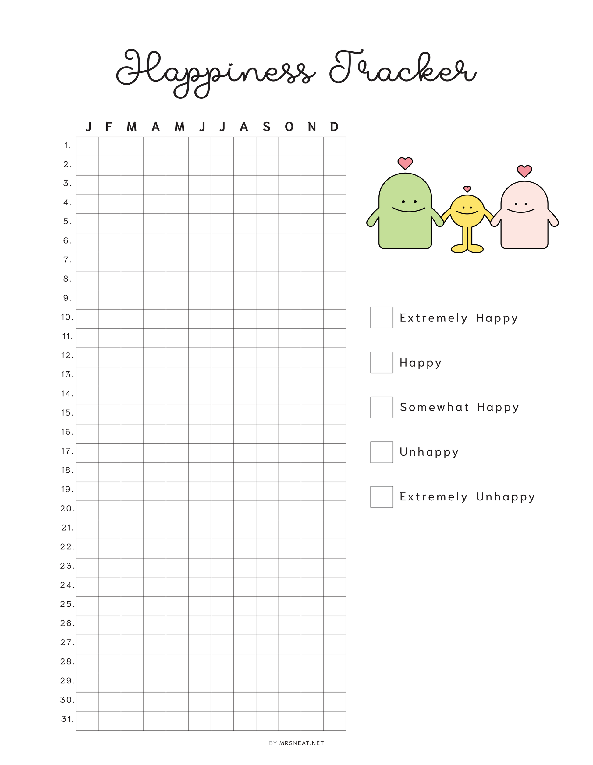 Happiness Tracker, PRINTABLE Journal Page, Planner Page, Daily Tracker, Mood Tracker, Track Mood, Track Happiness, Happy Tracker, 2 Versions, A4, A5, Letter, Half Letter, Printable Planner, Digital Planner