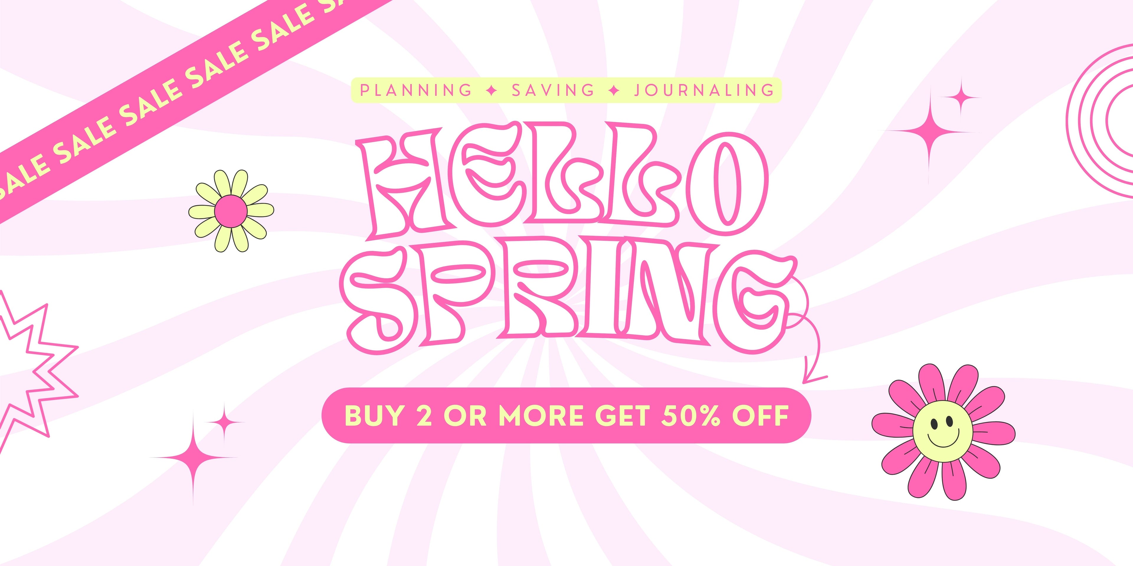 Promotional banner with 'Hello Spring' text and floral elements on a pink background