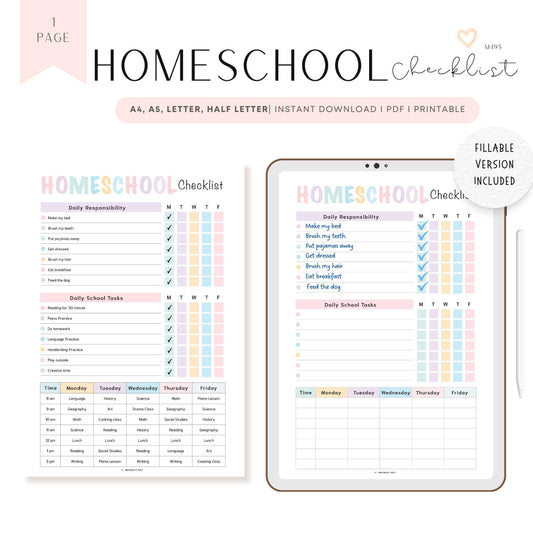 Homeschool Checklist Template PDF, Fillable PDF, Editable PDF, Digital Planner, Printable Planner, A4, A5, Letter, Half Letter, Pre-filled and blank version 