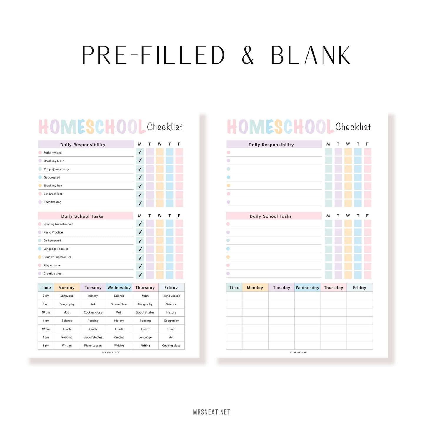 Homeschool Checklist Template PDF, Fillable PDF, Editable PDF, Digital Planner, Printable Planner, A4, A5, Letter, Half Letter, Pre-filled and blank version 