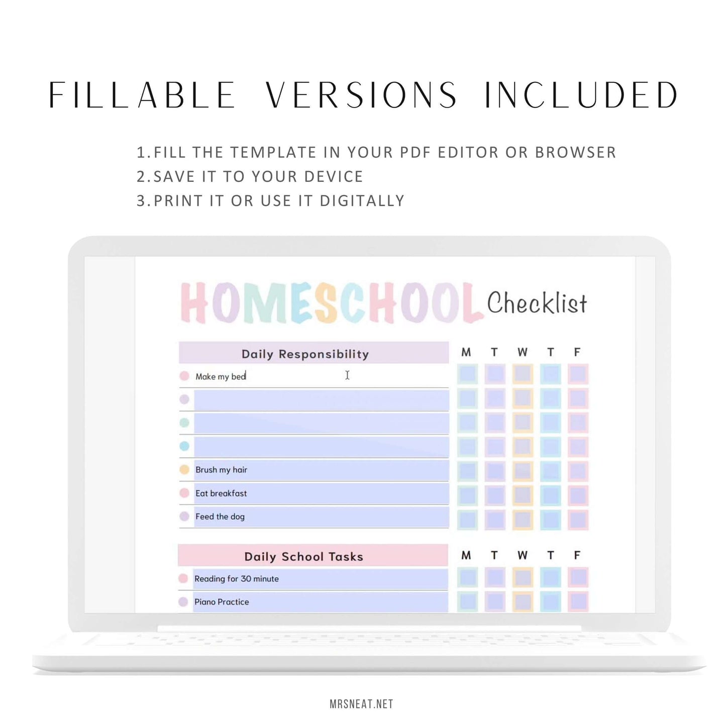 Homeschool Checklist Template PDF, Fillable PDF, Editable PDF, Digital Planner, Printable Planner, A4, A5, Letter, Half Letter, Pre-filled and blank version 