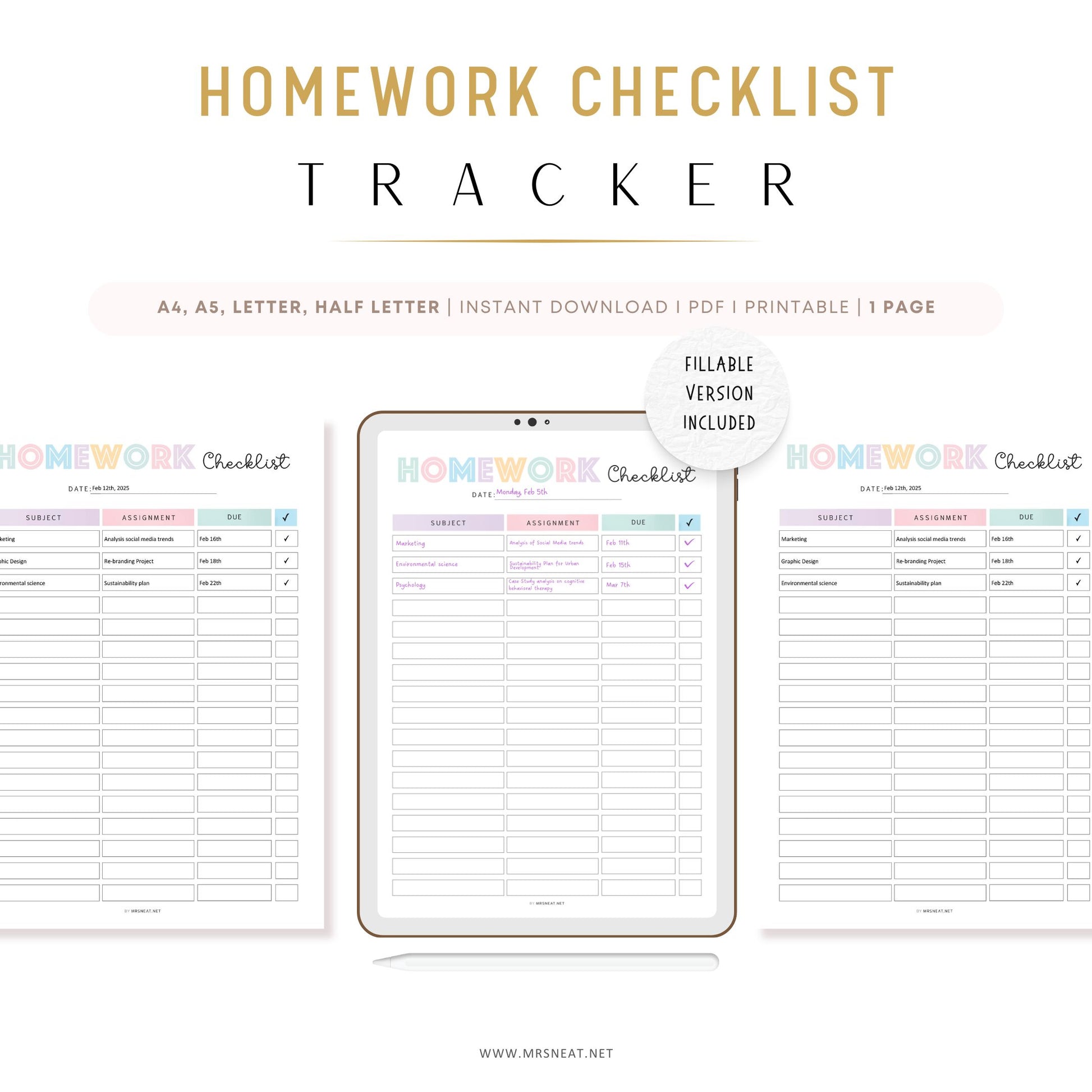 Editable Homework Planner, Printable, Digital, Student Planner, Assignment Checklist, Study Planner, School Tracker Template, PDF, Editable and Fillable PDF, A4, A5, Letter, Half Letter, Digital Planner, Colorful 