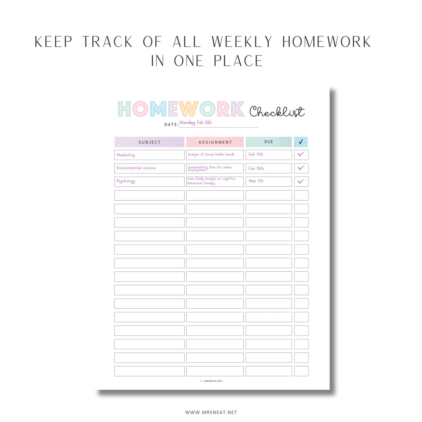 Editable Homework Planner, Printable, Digital, Student Planner, Assignment Checklist, Study Planner, School Tracker Template, PDF, Editable and Fillable PDF, A4, A5, Letter, Half Letter, Digital Planner, Colorful 