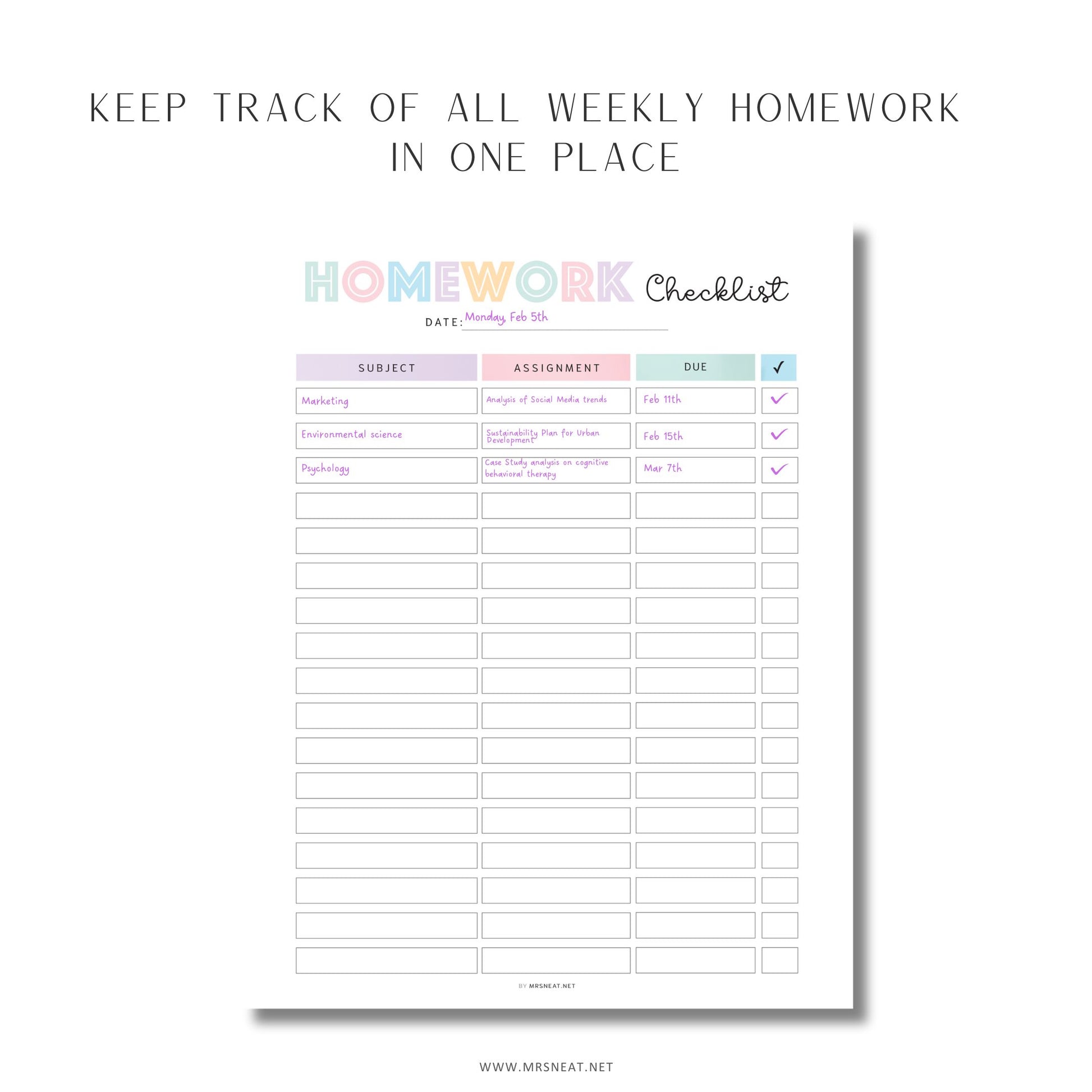 Editable Homework Planner, Printable, Digital, Student Planner, Assignment Checklist, Study Planner, School Tracker Template, PDF, Editable and Fillable PDF, A4, A5, Letter, Half Letter, Digital Planner, Colorful 