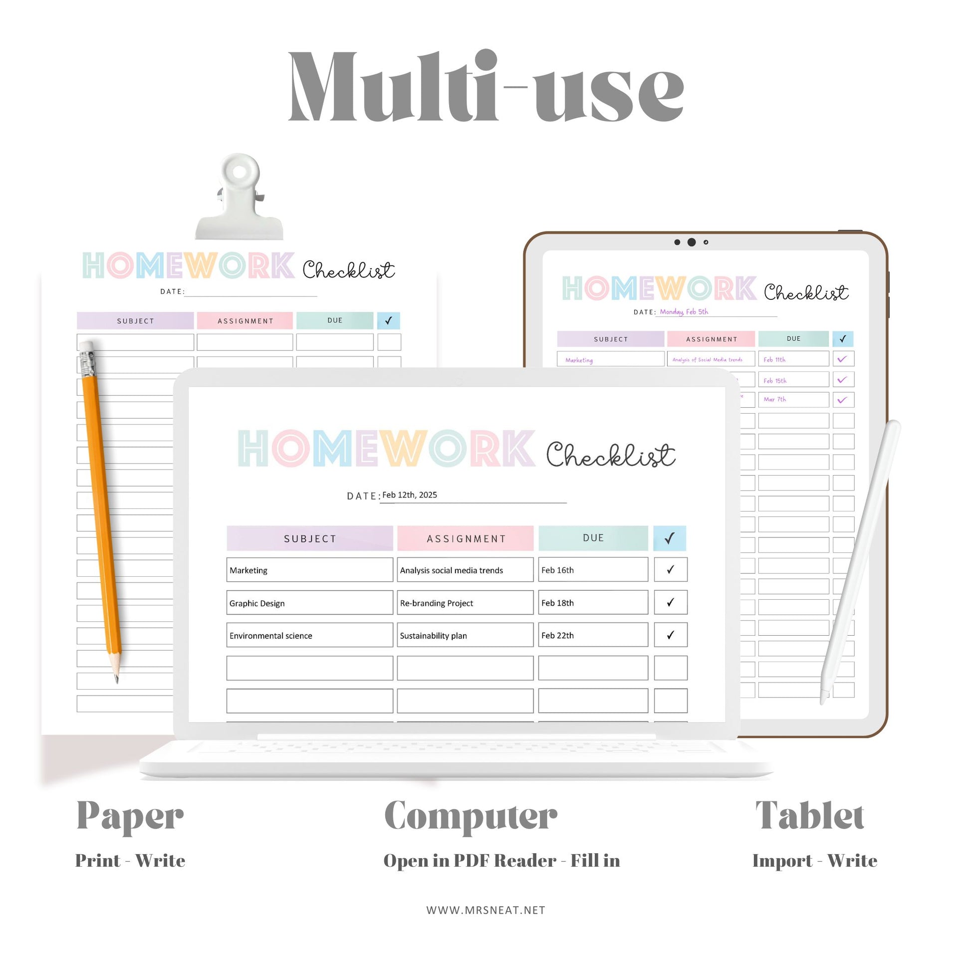 Editable Homework Planner, Printable, Digital, Student Planner, Assignment Checklist, Study Planner, School Tracker Template, PDF, Editable and Fillable PDF, A4, A5, Letter, Half Letter, Digital Planner, Colorful 