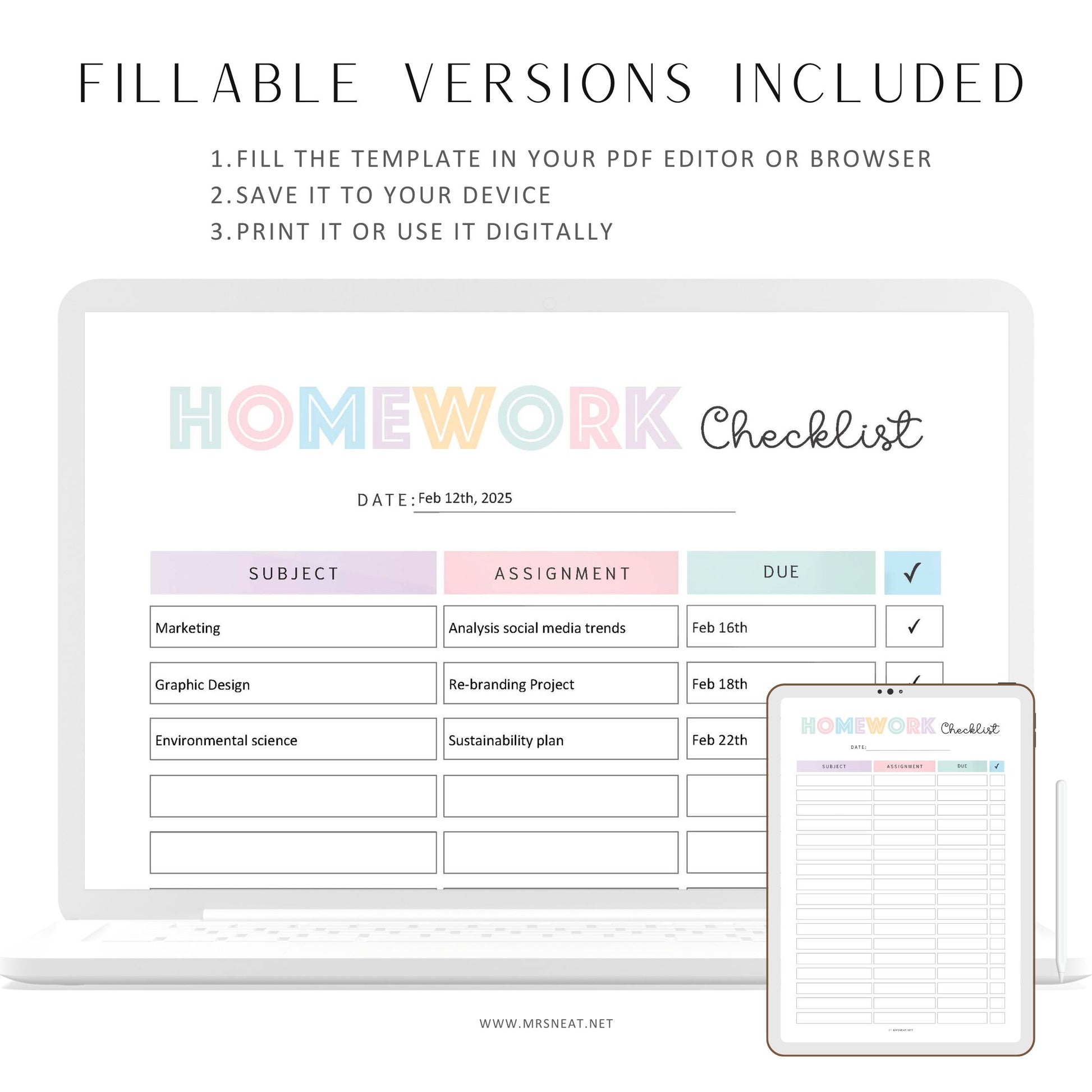 Homework checklist template with colorful design on a white background
