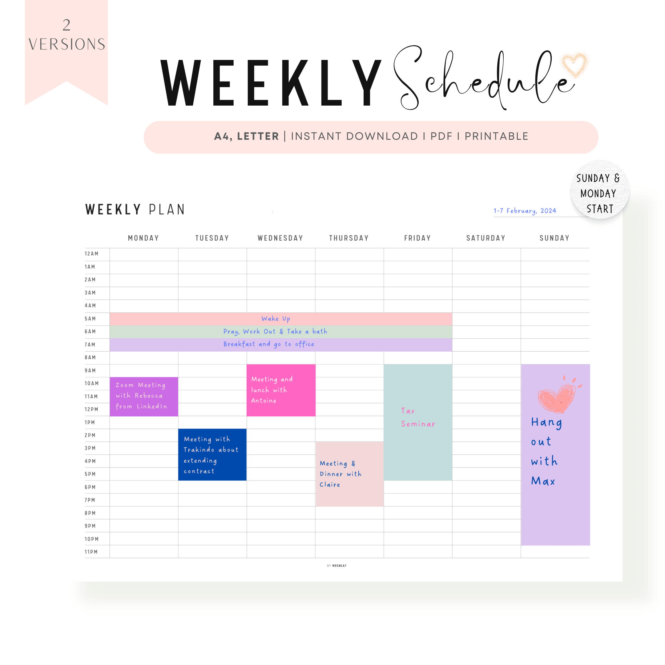 Hourly Weekly Schedule Printable - M209 – mrsneat