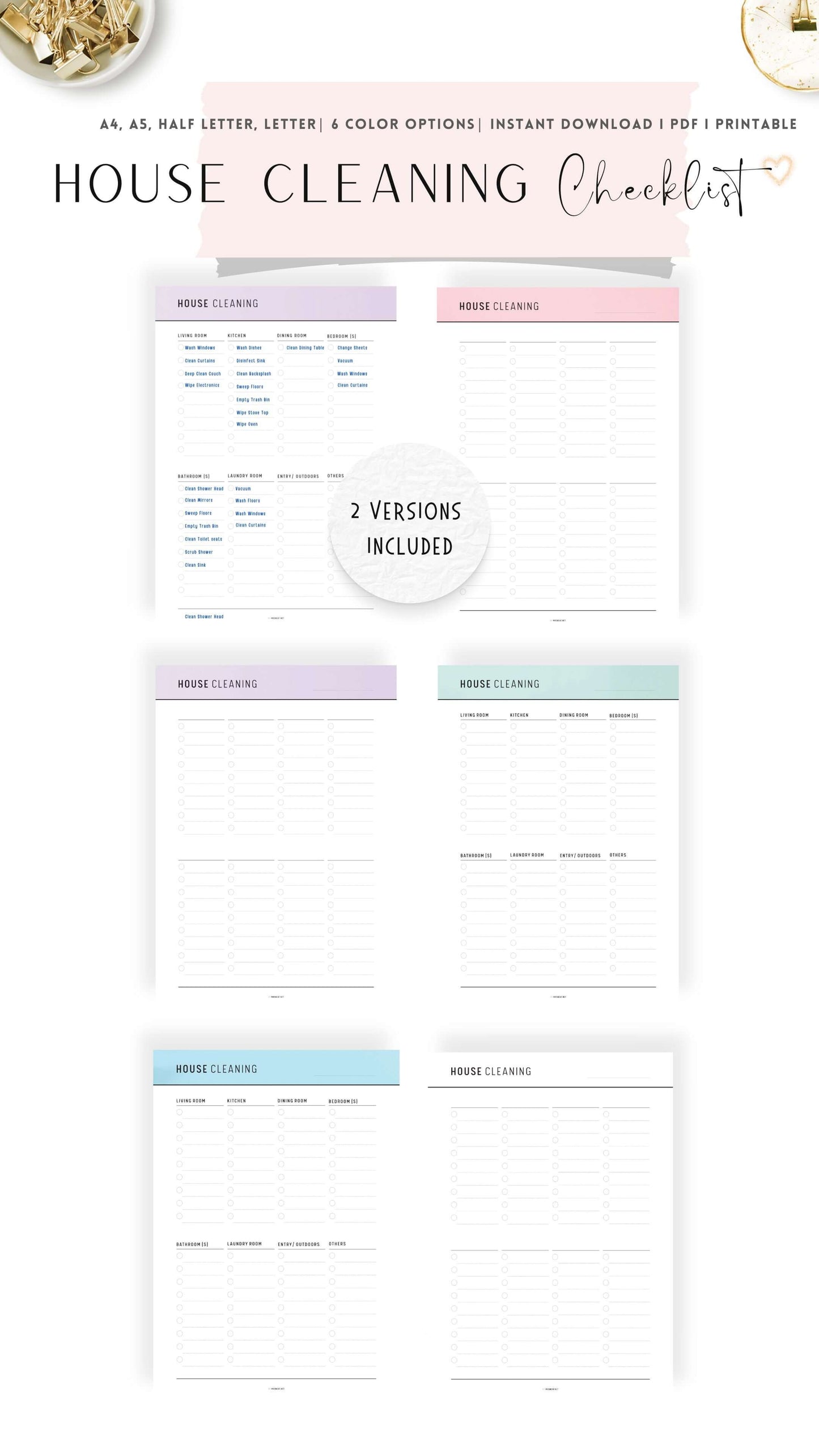 6 colors House Cleaning Checklist Printable