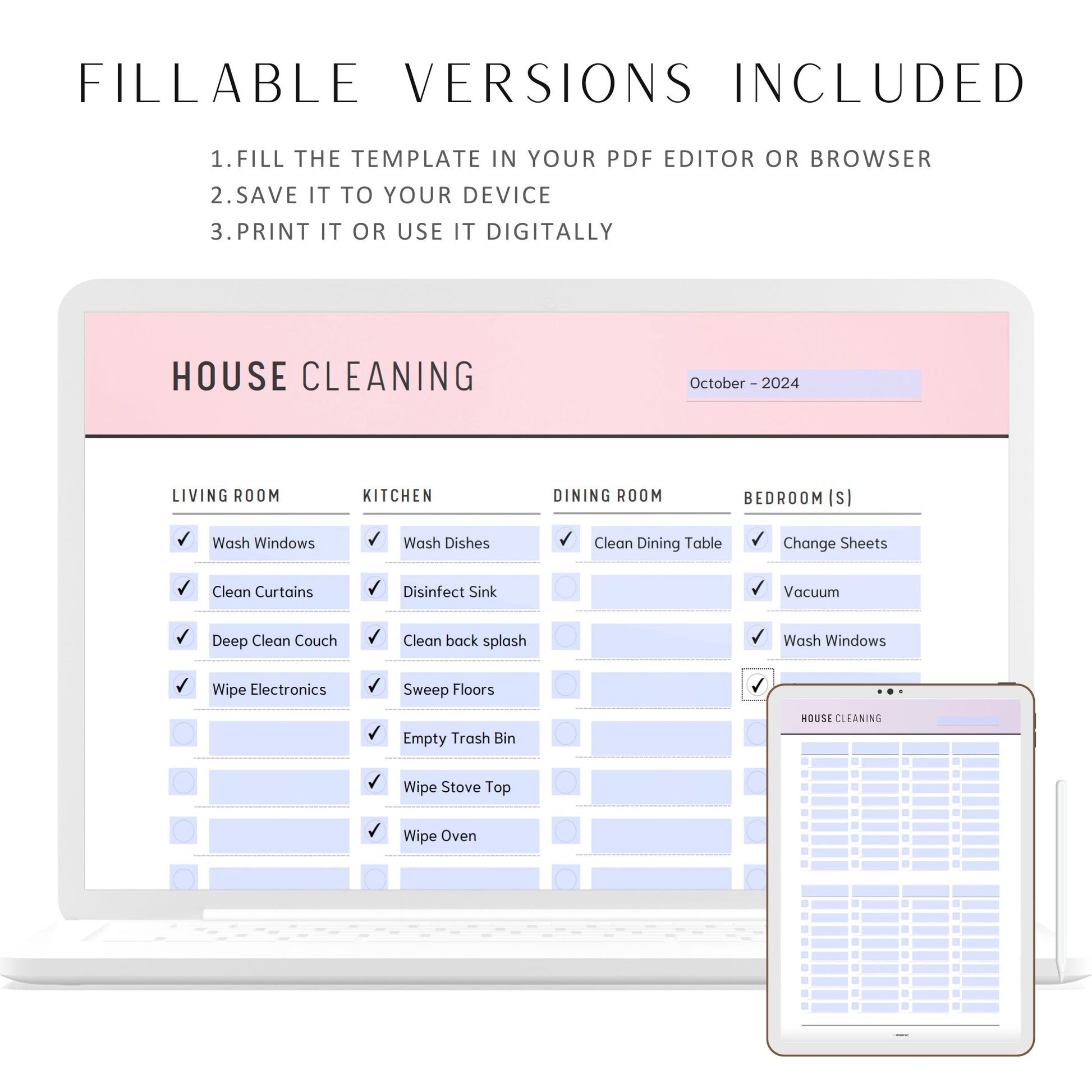 House Cleaning Checklist Printable, Living Room, Bathroom, Laundry Room, Kitchen, Dining Room, A4, A5, Letter, Half Letter, PDF, 6 colors