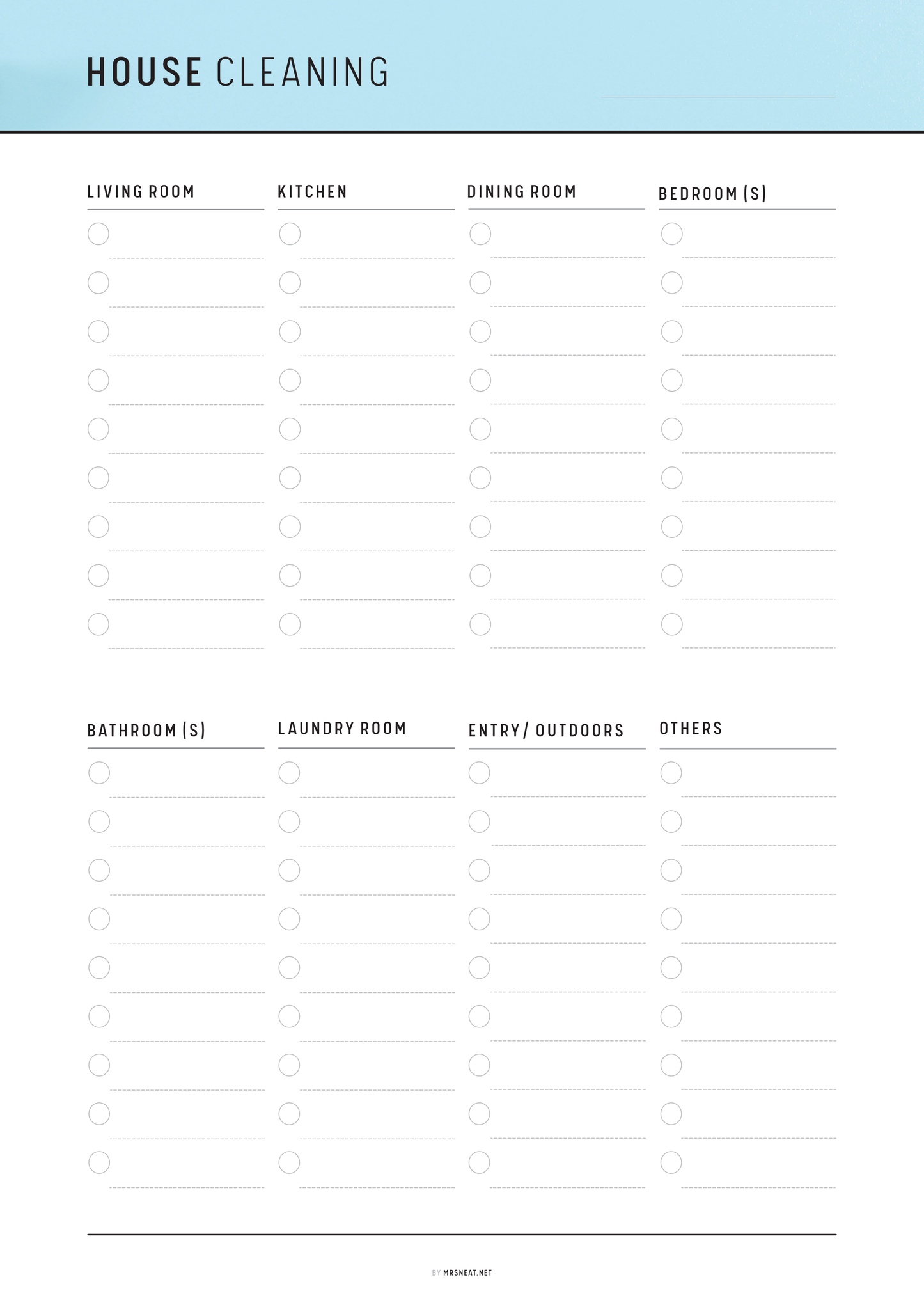 House cleaning checklist with sections for different rooms on a white background.