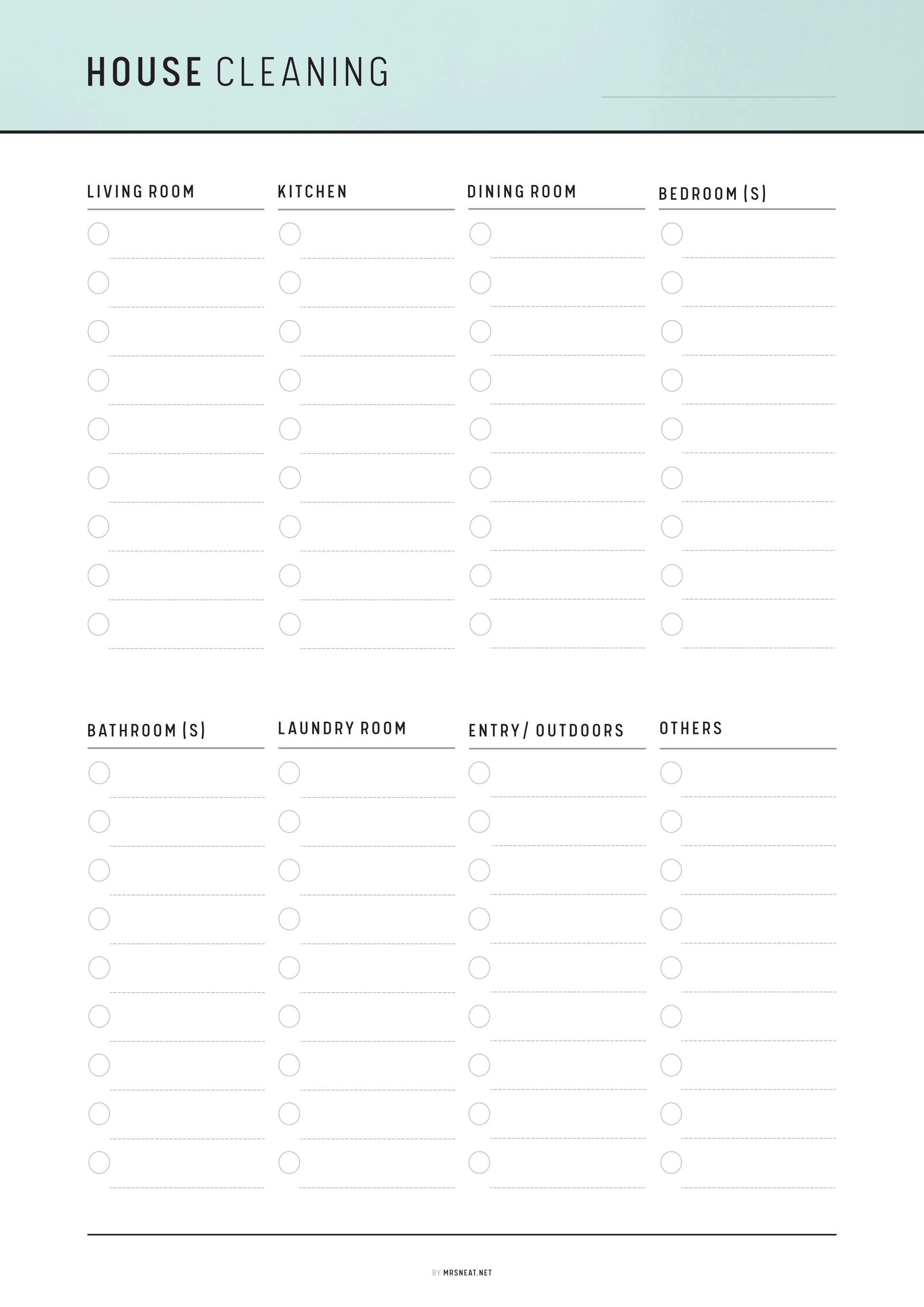 House cleaning checklist with sections for different rooms on a white background.
