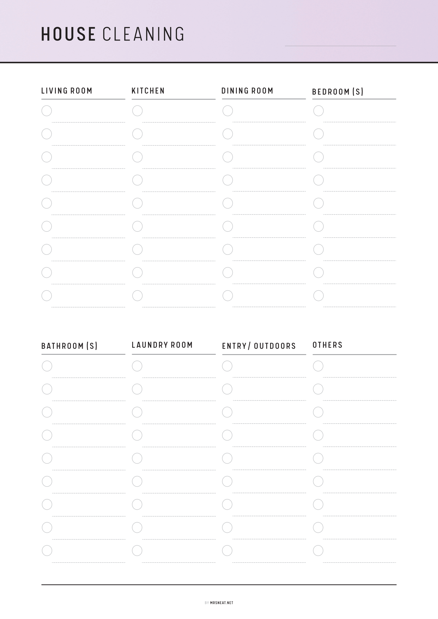 House cleaning checklist with sections for different rooms on a white background.