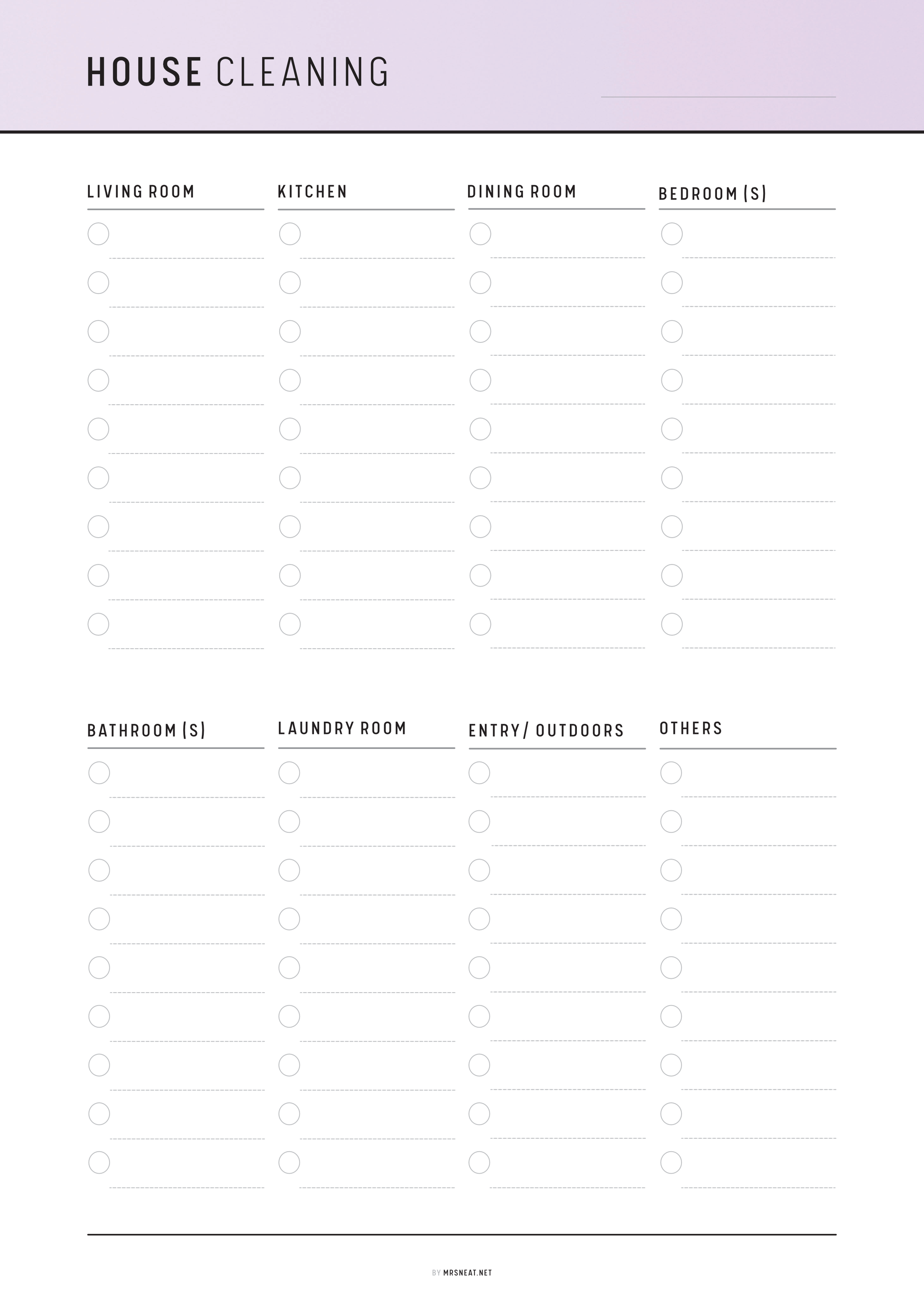 House cleaning checklist with sections for different rooms on a white background.