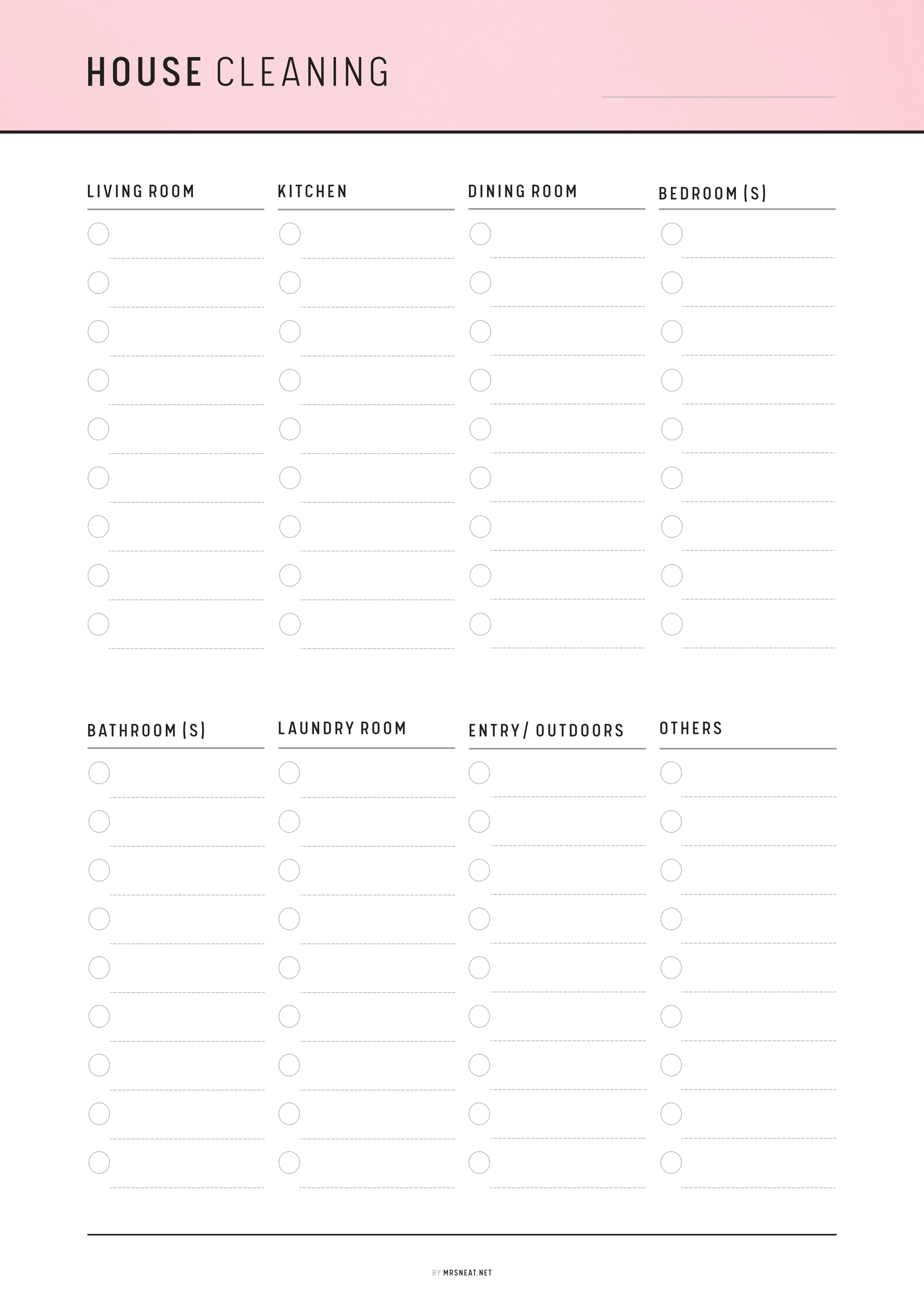 House cleaning checklist with room categories on a pink and white background