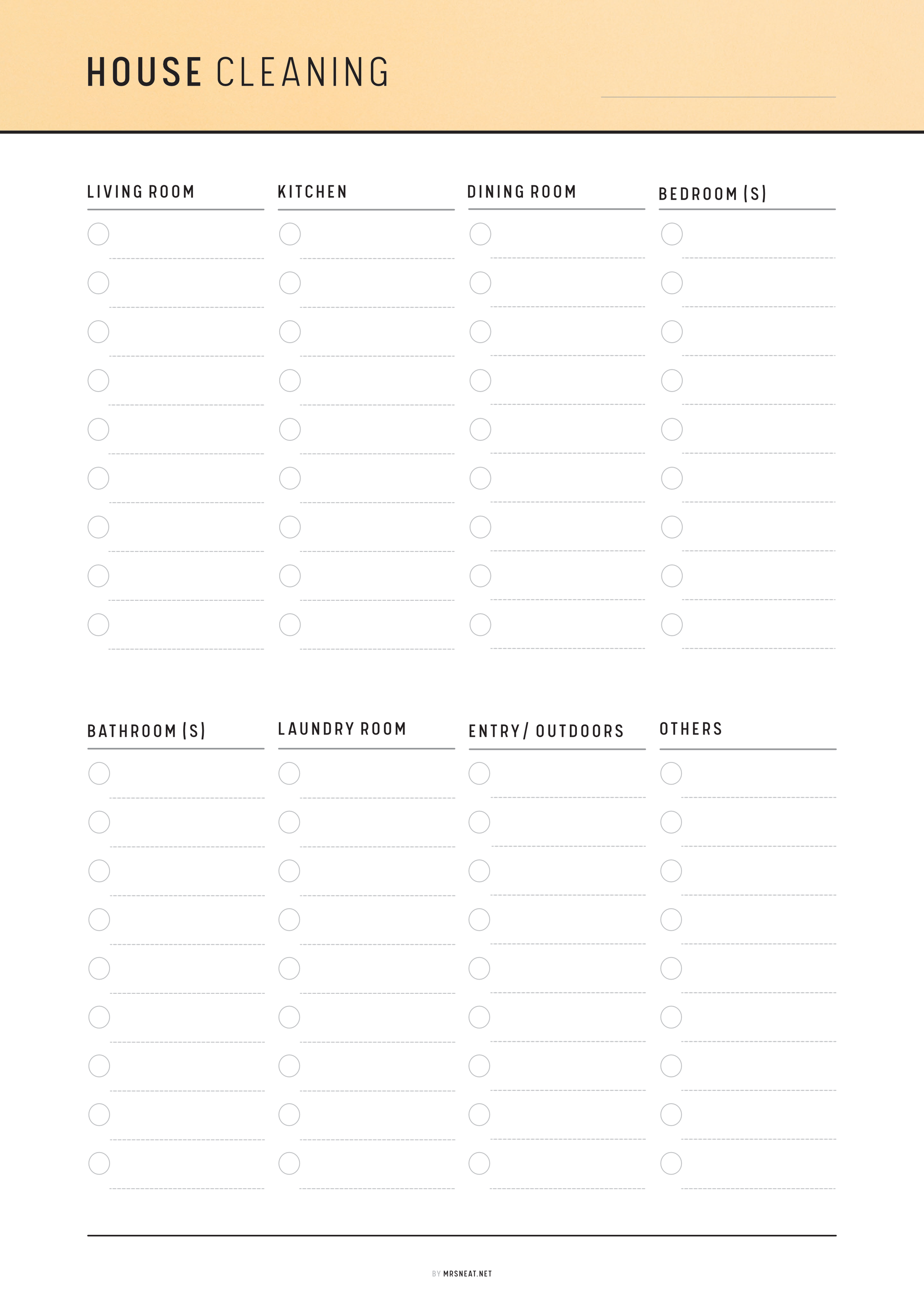 House cleaning checklist with sections for different rooms on a white background.