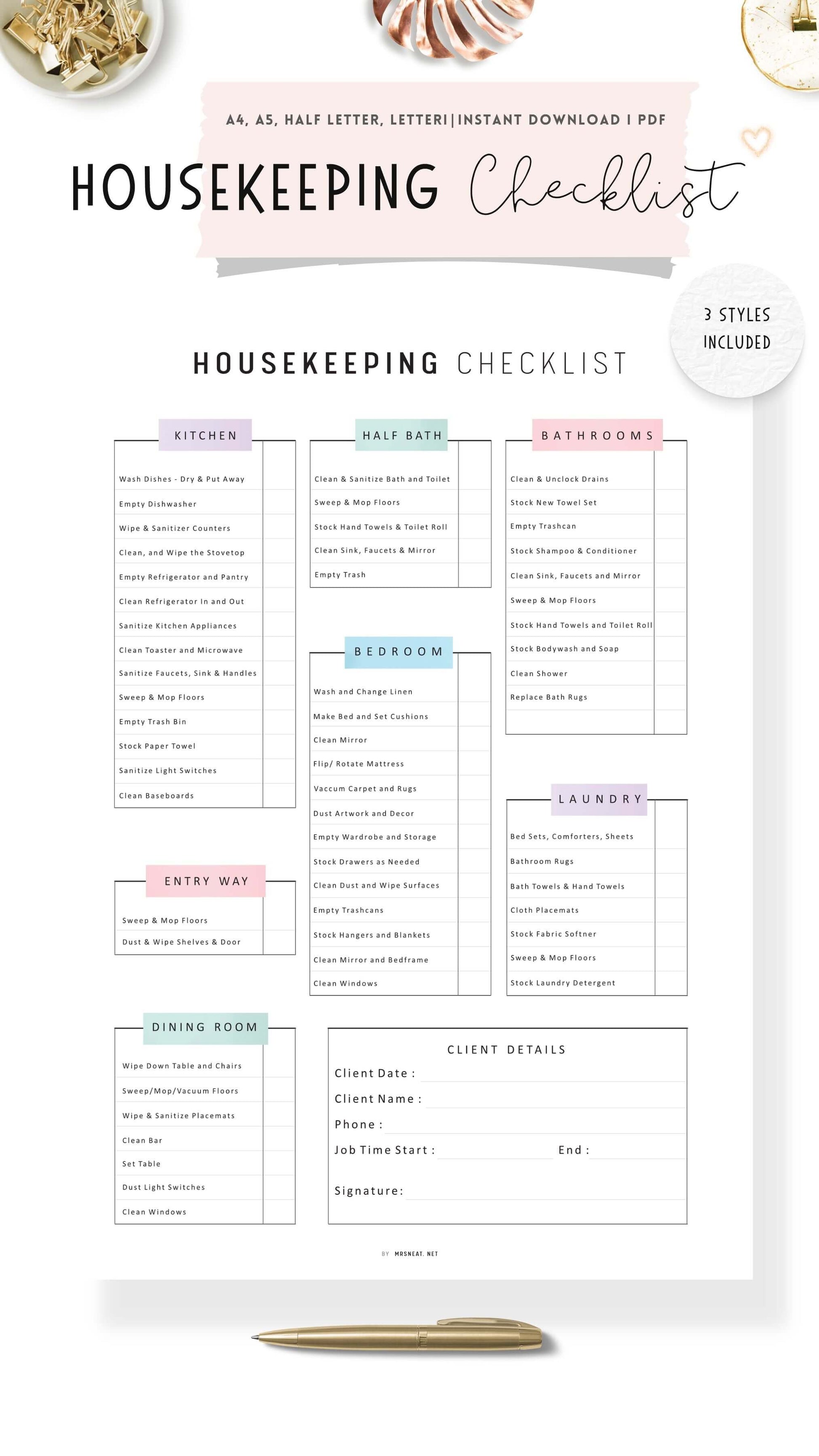 Airbnb Cleaning Checklist Template Printable, Housekeeping Checklist Planner, A4, A5, Letter, Half Letter, Colorful Page, Digital Planner, 3 versions, PDF