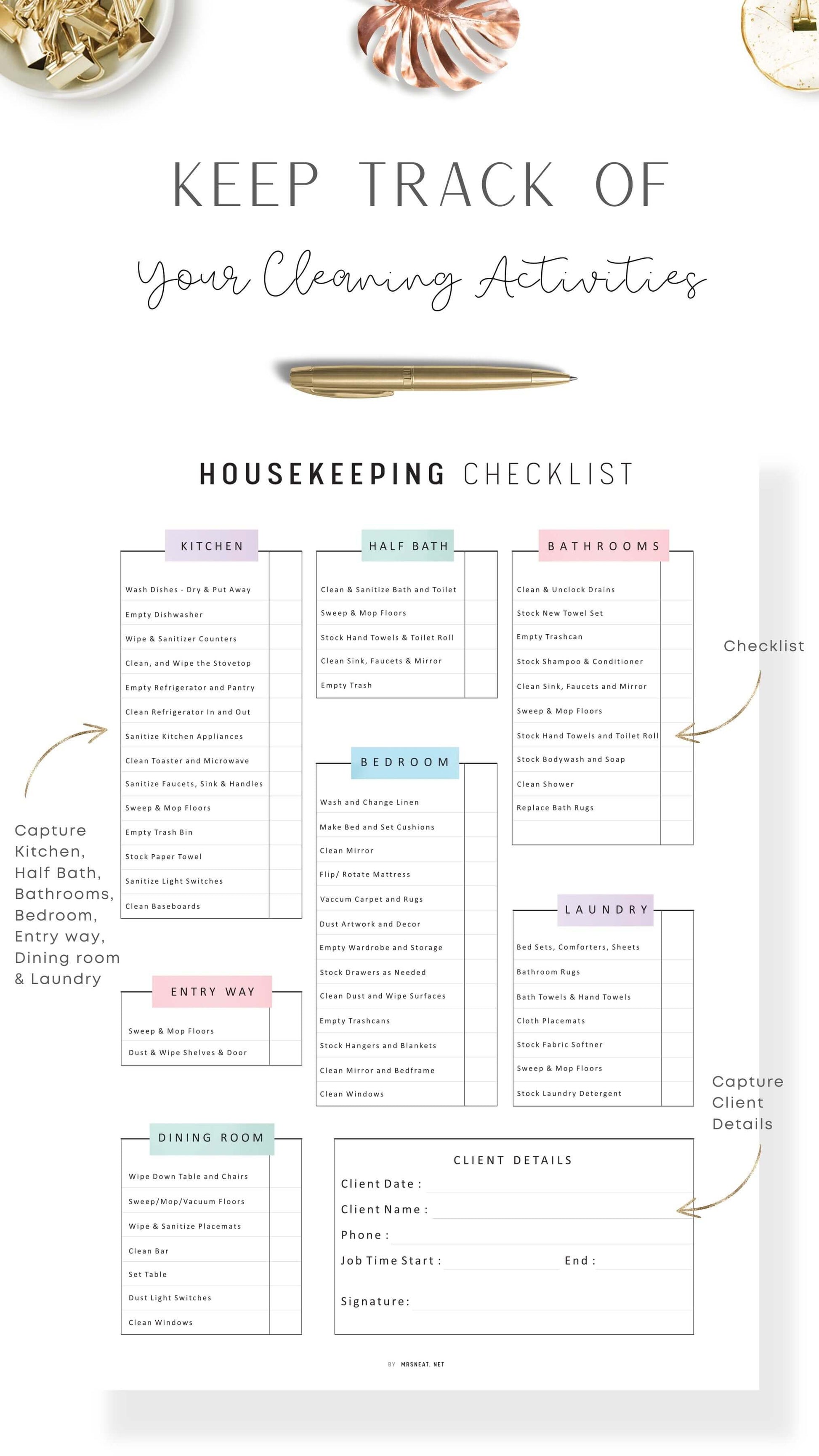 Airbnb Cleaning Checklist Template Printable, Housekeeping Checklist Planner, A4, A5, Letter, Half Letter, Colorful Page, Digital Planner, 3 versions, PDF