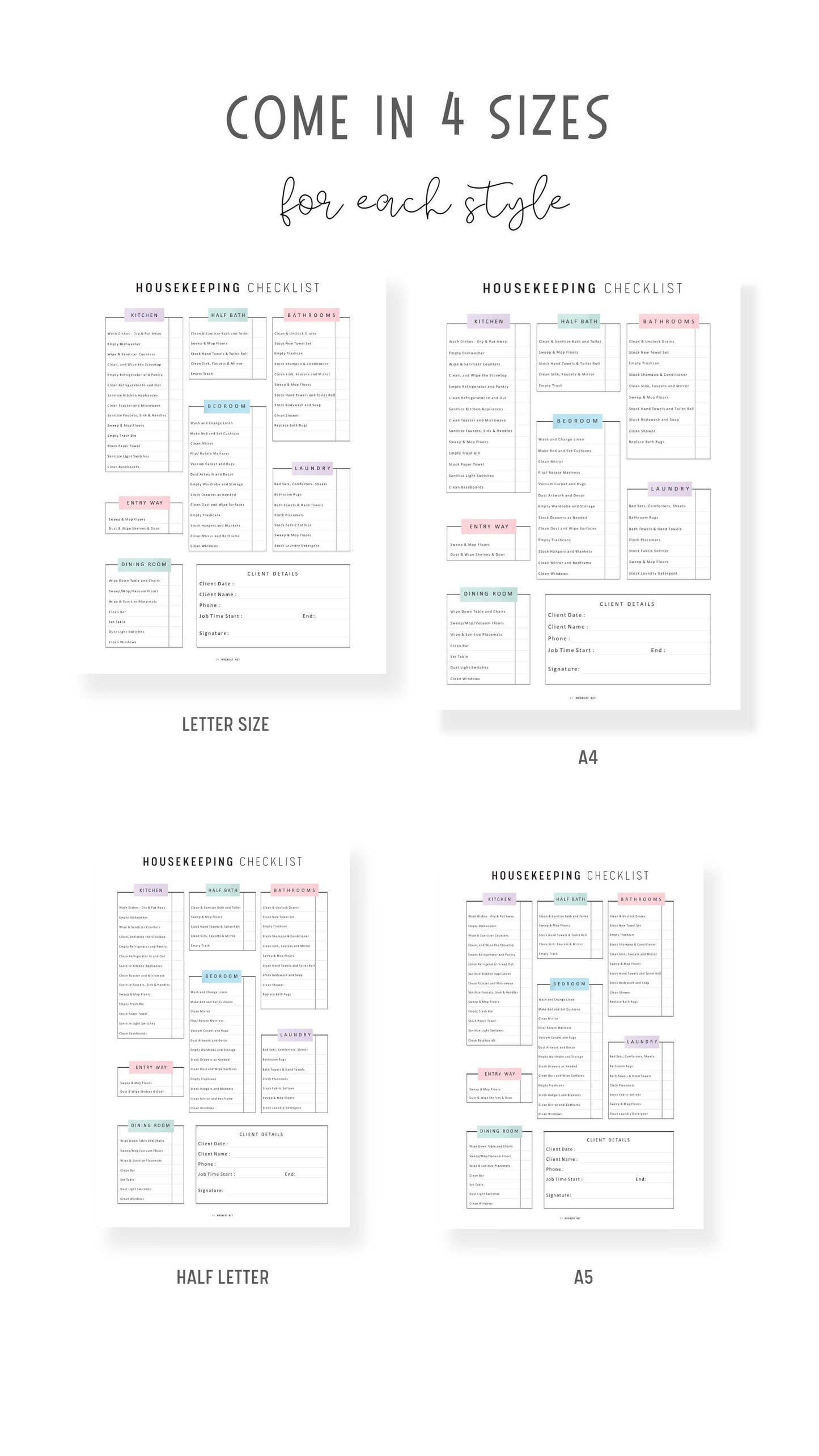 Airbnb Cleaning Checklist Template Printable, Housekeeping Checklist Planner, A4, A5, Letter, Half Letter, Colorful Page, Digital Planner, 3 versions, PDF