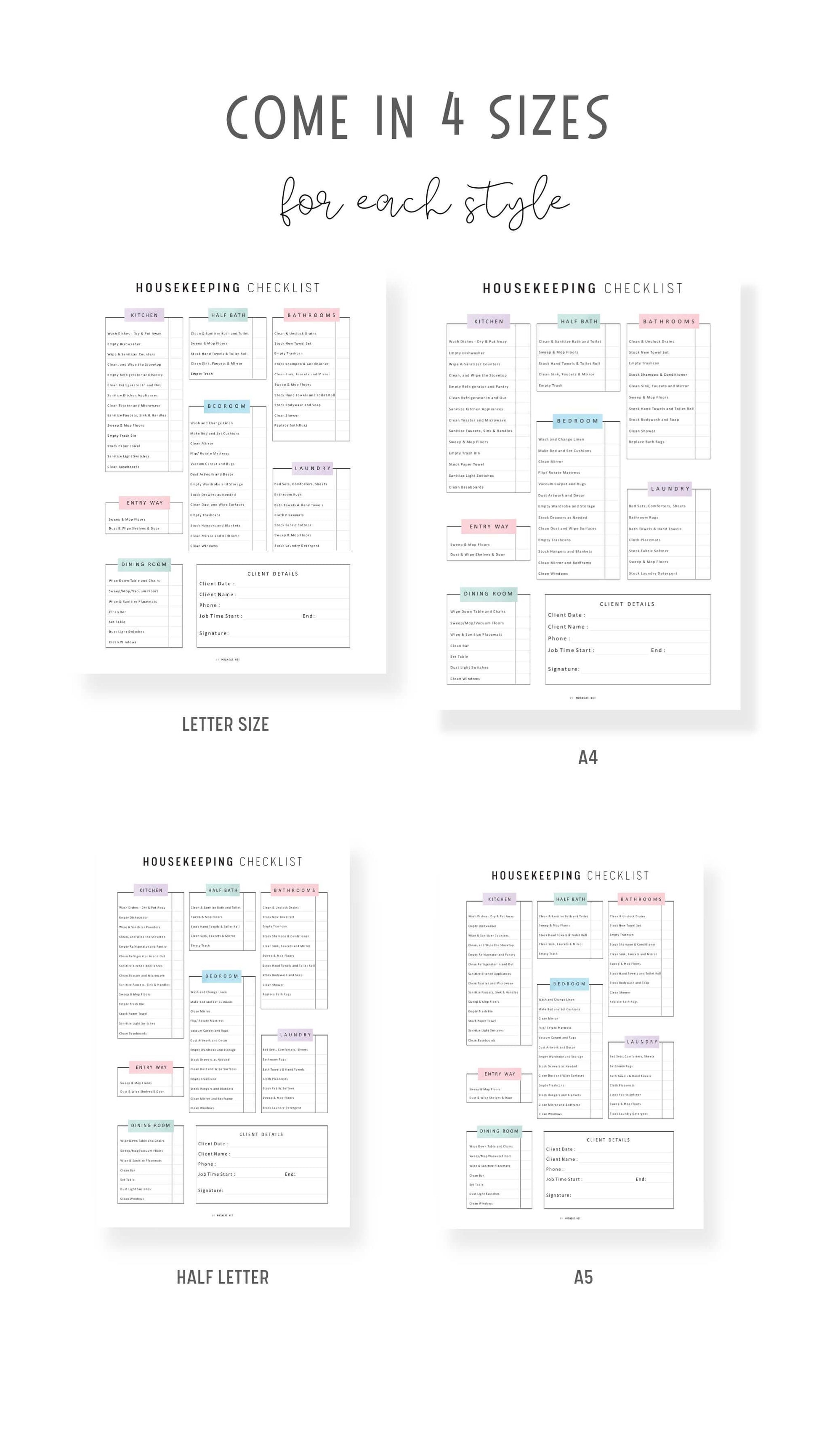 Airbnb Cleaning Checklist Template Printable, Housekeeping Checklist Planner, A4, A5, Letter, Half Letter, Colorful Page, Digital Planner, 3 versions, PDF