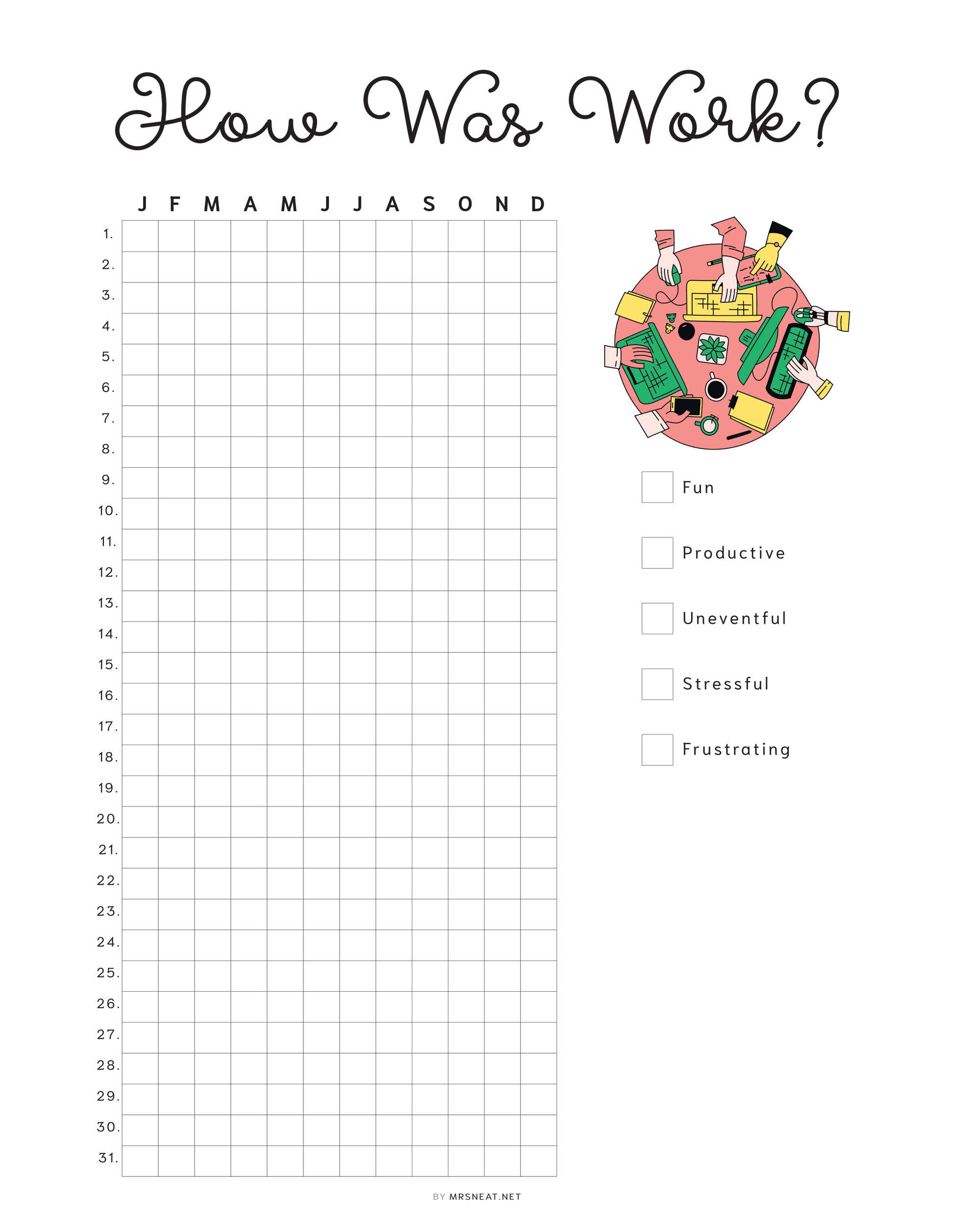 How Was Work Tracker , PRINTABLE Journal Page, Planner Page, Yearly Tracker, Track Work, Work Tracker, Mood Tracker, Feelings Tracker, Instant Download, Digital Planner, Printable Planner