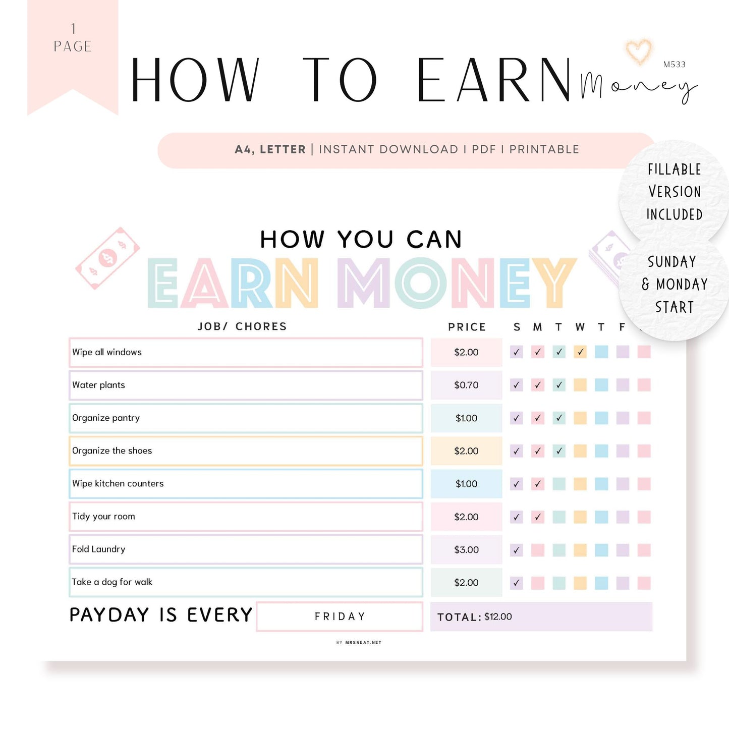 How To Earn Money Chore Chart, Editable Allowance Chore Chart for Kids, Printable Chore Chart for kids, Responsibility chart for kids 5, 2 versions, Prefilled, Blank, Sunday and Monday start, Fillable, Editable, A4, Letter