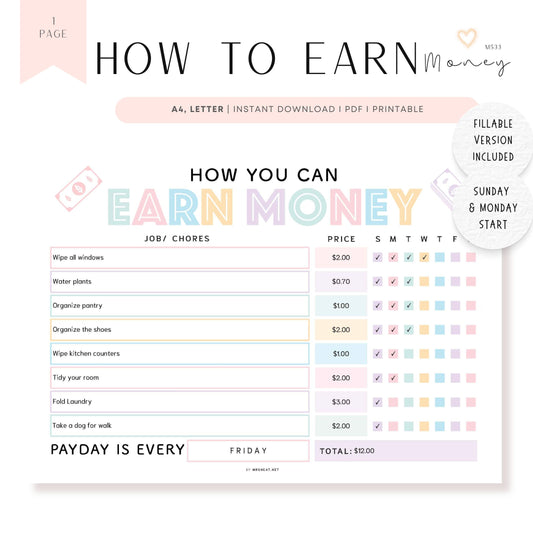 How To Earn Money Chore Chart, Editable Allowance Chore Chart for Kids, Printable Chore Chart for kids, Responsibility chart for kids 5, 2 versions, Prefilled, Blank, Sunday and Monday start, Fillable, Editable, A4, Letter