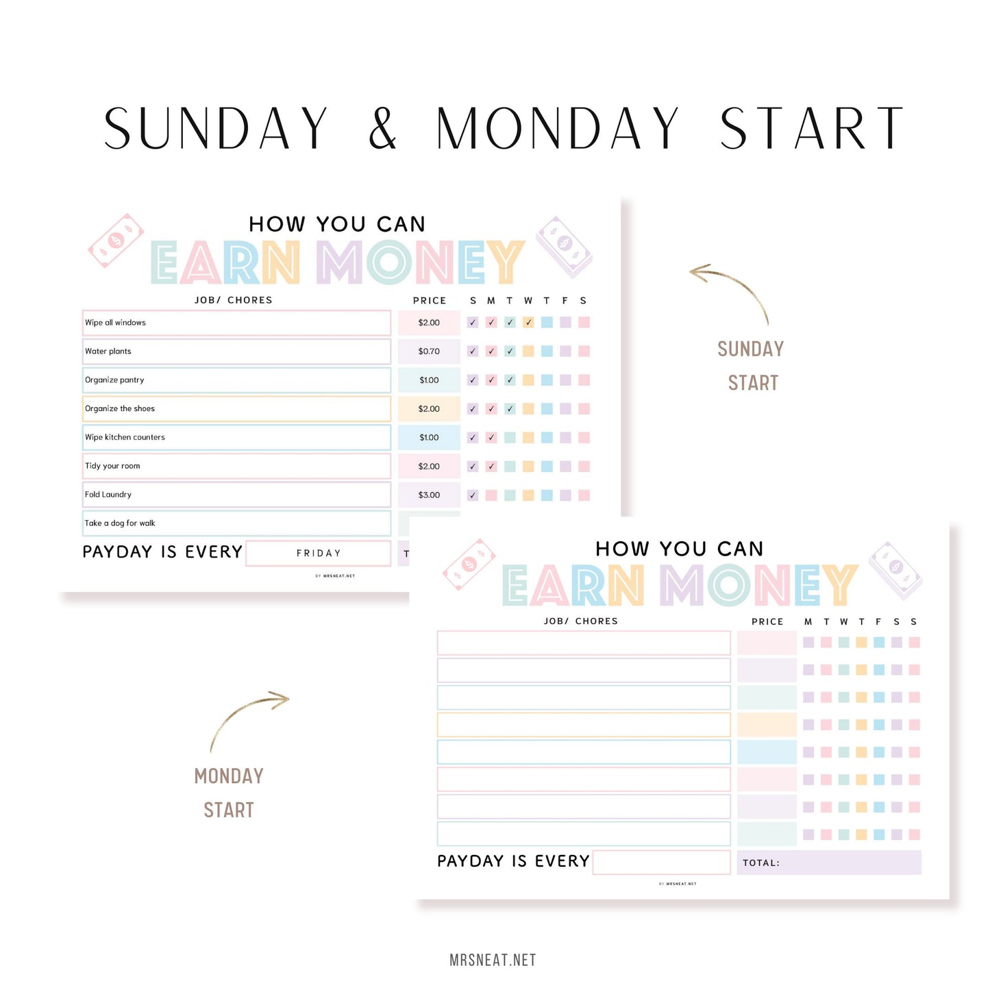 How To Earn Money Chore Chart, Editable Allowance Chore Chart for Kids, Printable Chore Chart for kids, Responsibility chart for kids 5, 2 versions, Prefilled, Blank, Sunday and Monday start, Fillable, Editable, A4, Letter