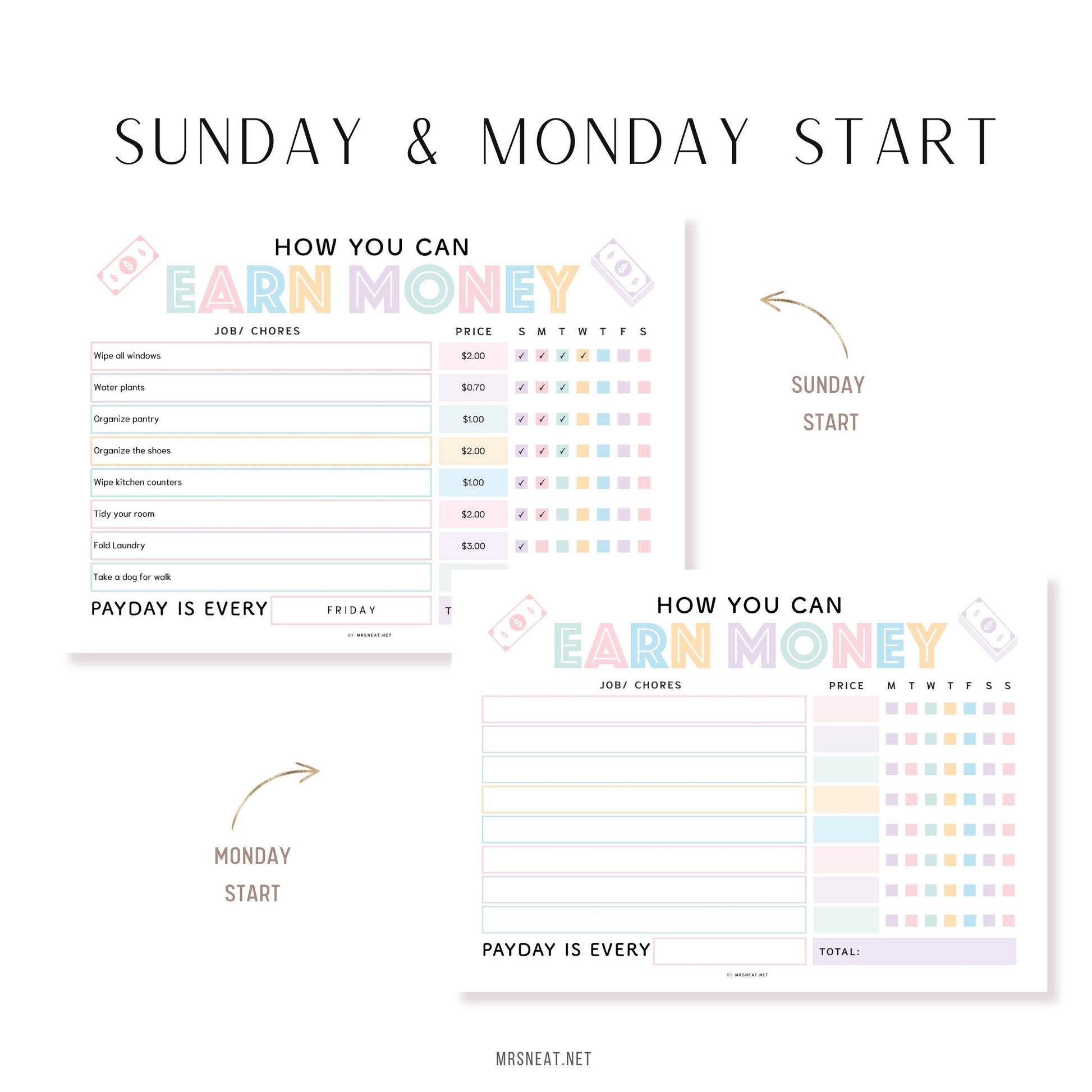 How To Earn Money Chore Chart, Editable Allowance Chore Chart for Kids, Printable Chore Chart for kids, Responsibility chart for kids 5, 2 versions, Prefilled, Blank, Sunday and Monday start, Fillable, Editable, A4, Letter