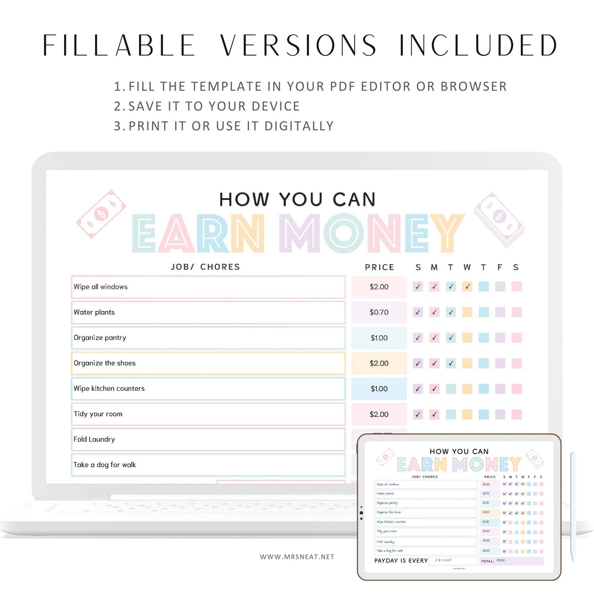 How To Earn Money Chore Chart, Editable Allowance Chore Chart for Kids, Printable Chore Chart for kids, Responsibility chart for kids 5, 2 versions, Prefilled, Blank, Sunday and Monday start, Fillable, Editable, A4, Letter