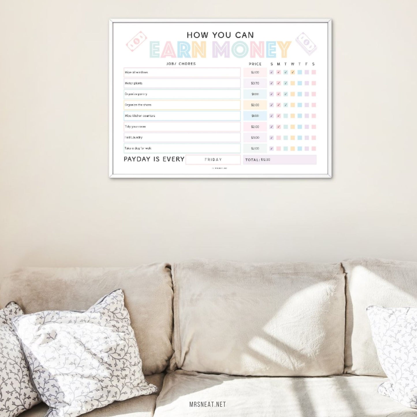 How To Earn Money Chore Chart, Editable Allowance Chore Chart for Kids, Printable Chore Chart for kids, Responsibility chart for kids 5, 2 versions, Prefilled, Blank, Sunday and Monday start, Fillable, Editable, A4, Letter