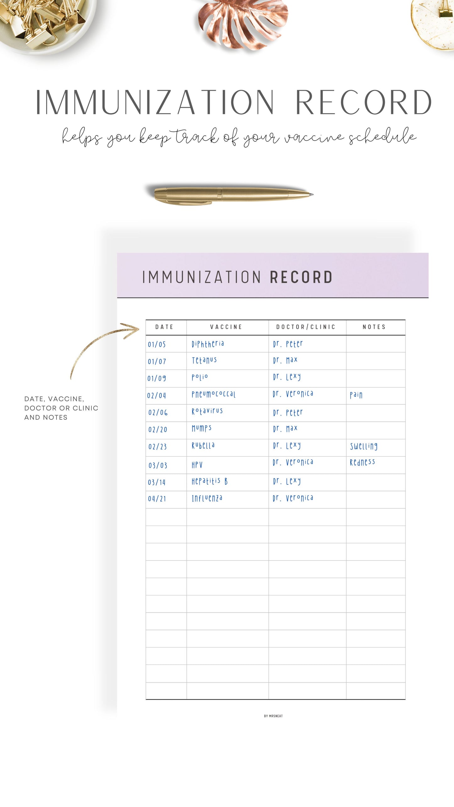 Beautiful Purple Printable Immunization Record