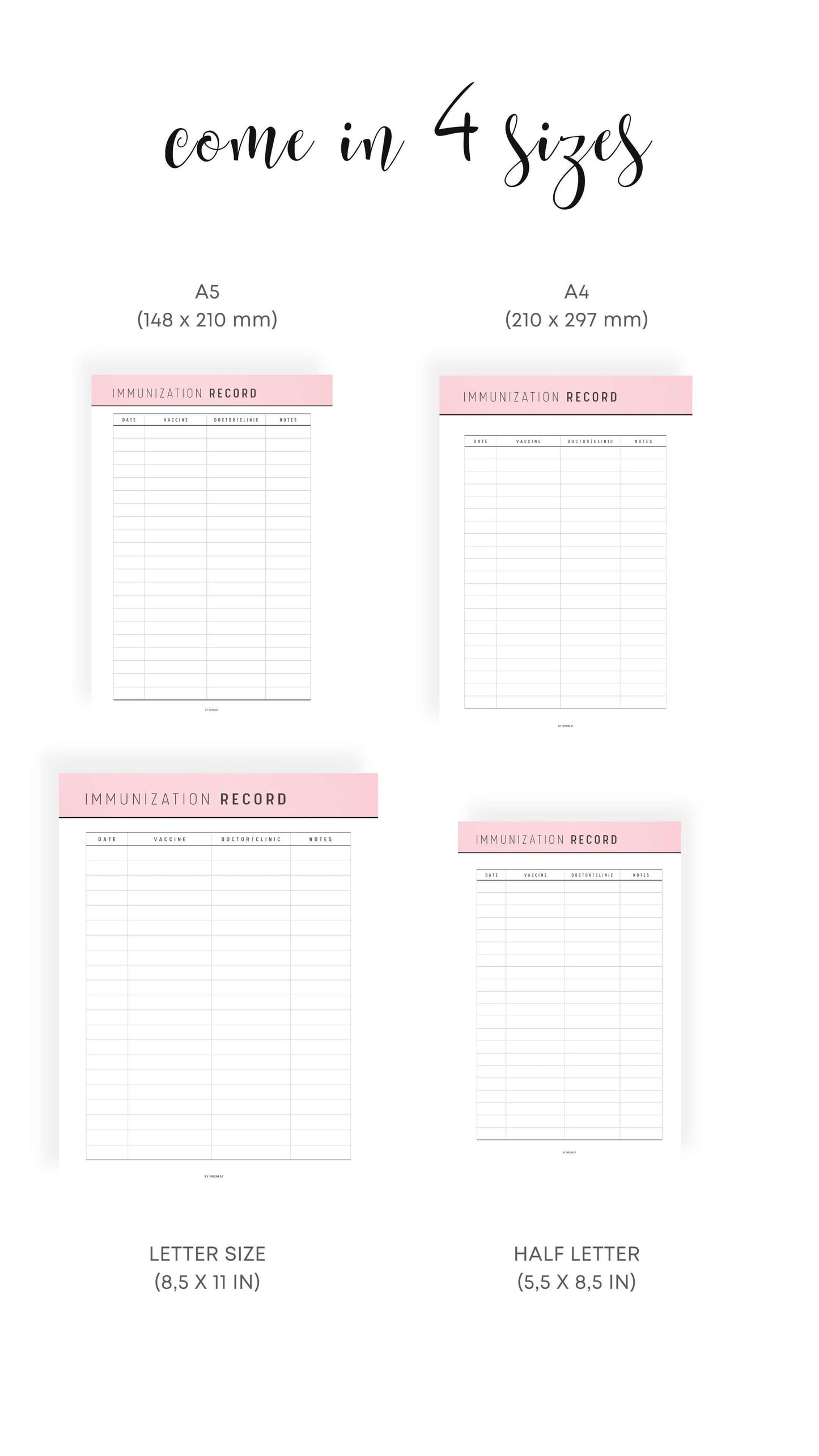 A4, A5, Letter, Half Letter Printable Immunization Record