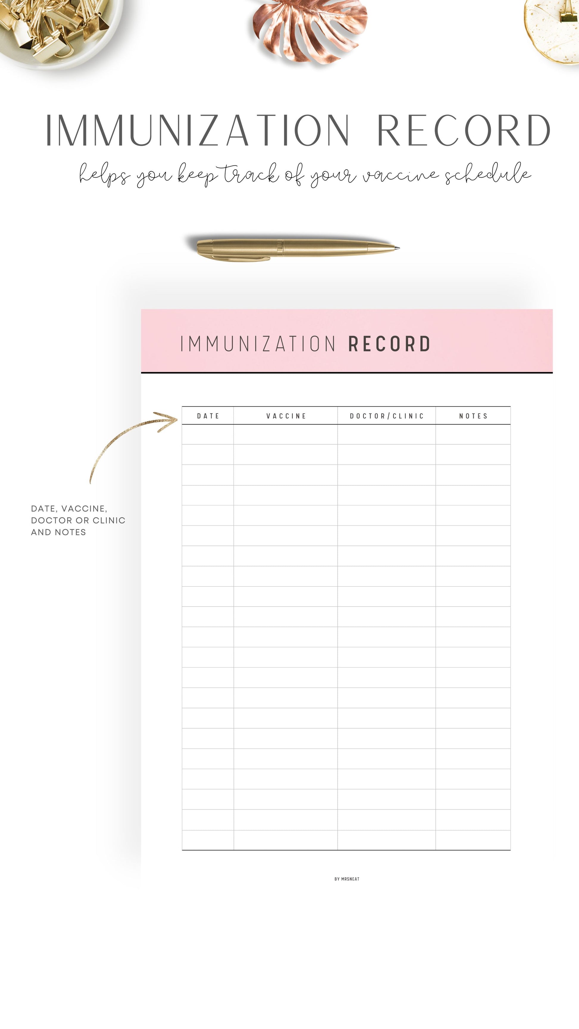 Pink Blush Printable Immunization Record
