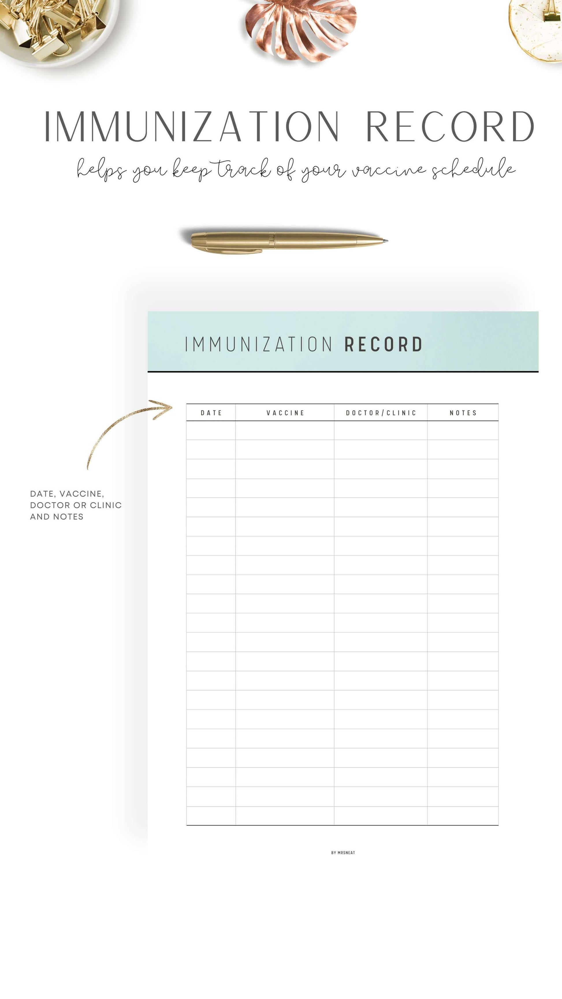 Aesthetic Green Printable Immunization Record