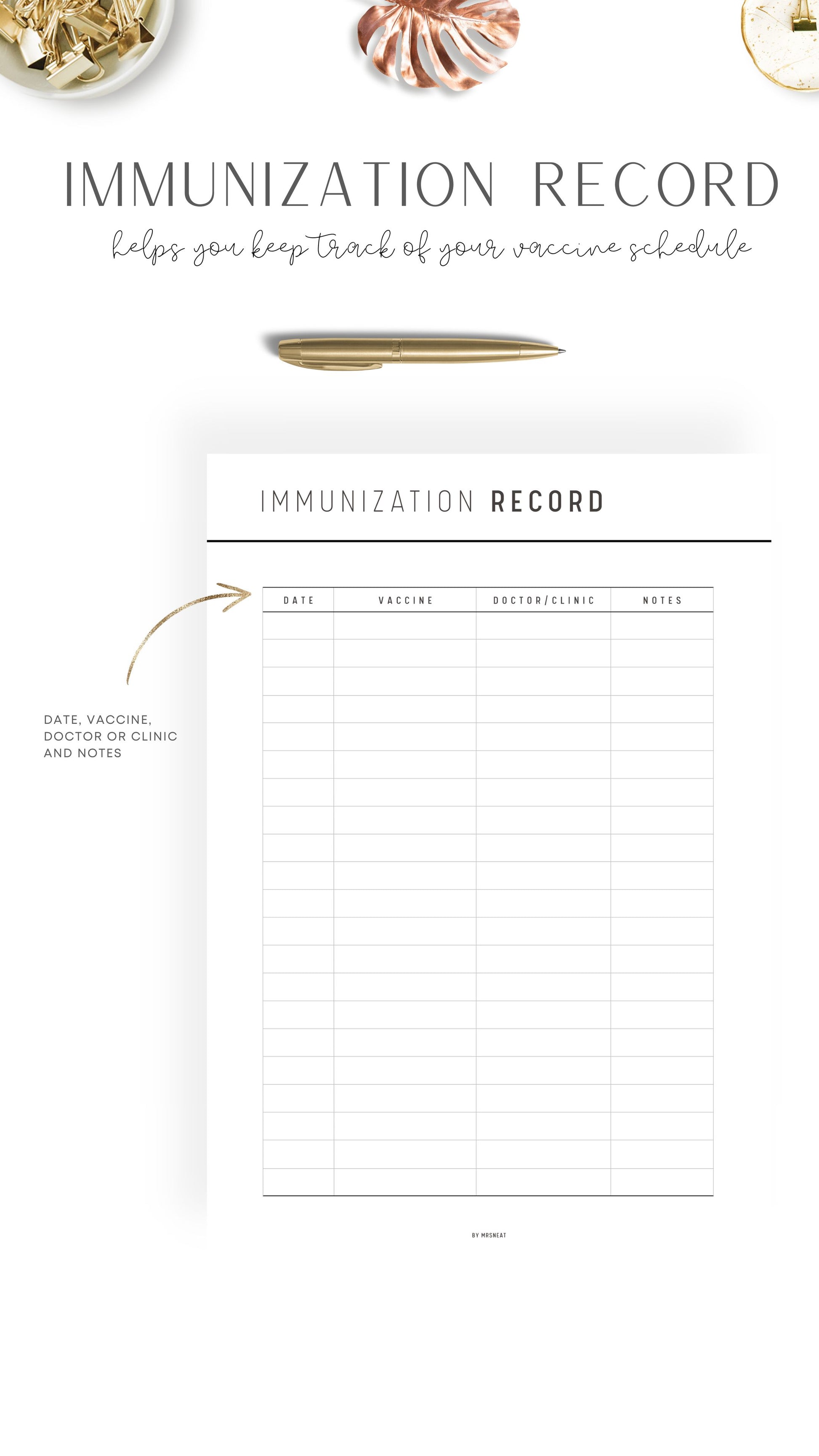 Clean and Minimalist Printable Immunization Record