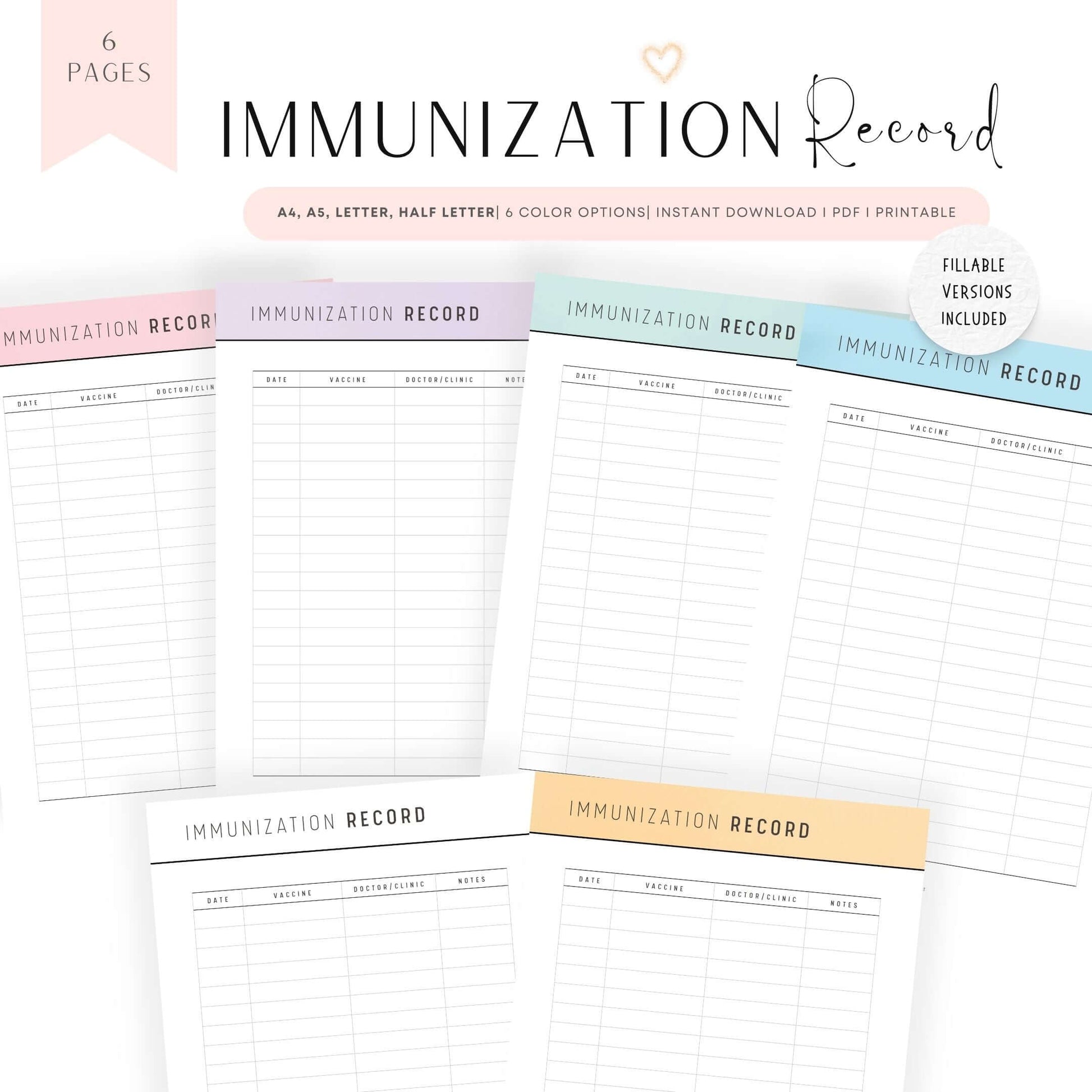 Printable Immunization Record, Immunization Tracker Printable, Digital Immunization Planner, Fillable Immunization Record, 6 colors options, Printable Inserts, A4, A5, Letter, Half Letter, Beautiful and Colorful Planner