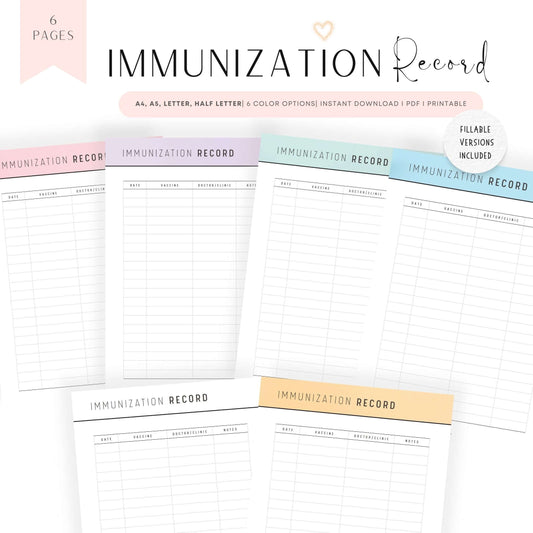 Printable Immunization Record, Immunization Tracker Printable, Digital Immunization Planner, Fillable Immunization Record, 6 colors options, Printable Inserts, A4, A5, Letter, Half Letter, Beautiful and Colorful Planner