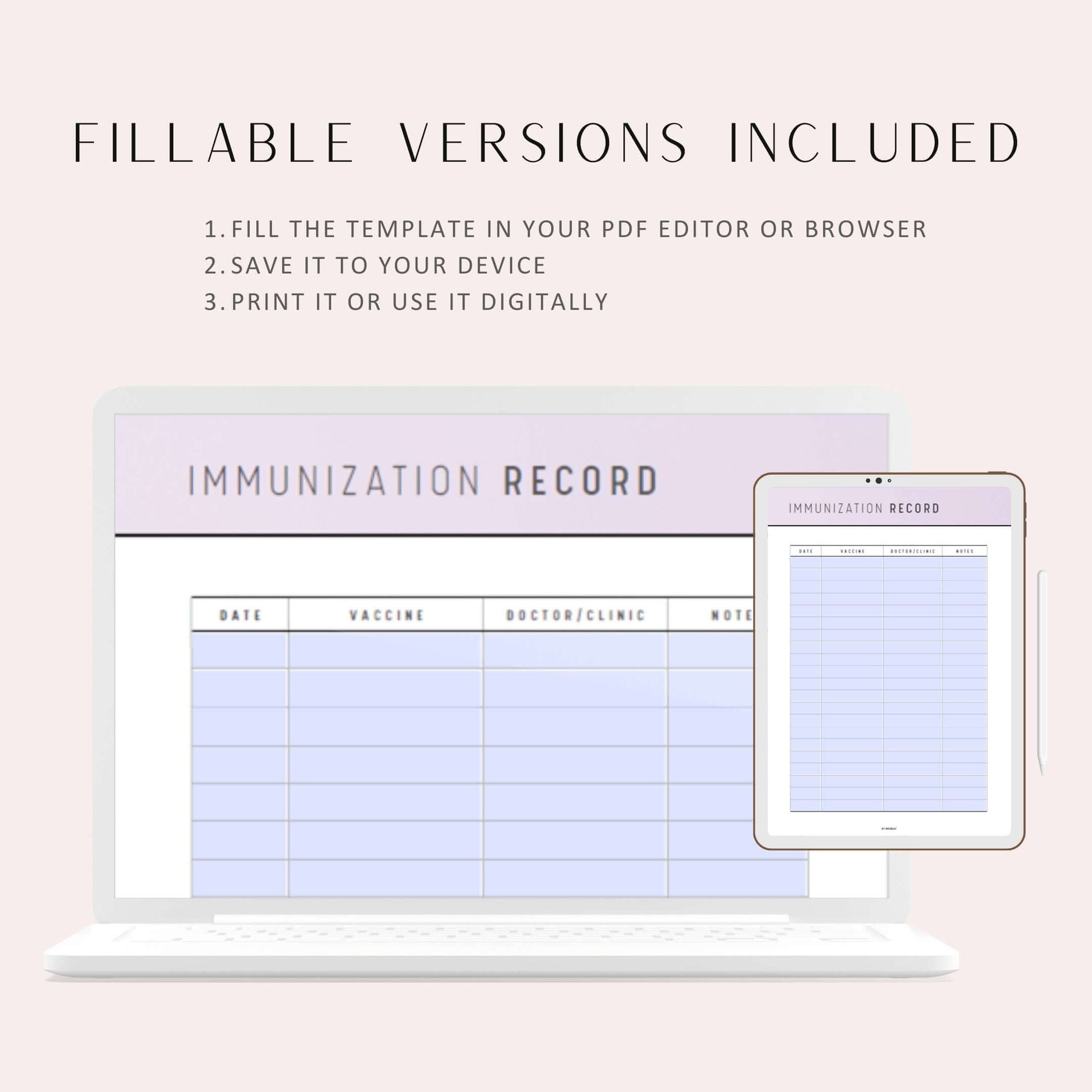 Printable Immunization Record, Immunization Tracker Printable, Digital Immunization Planner, Fillable Immunization Record, 6 colors options, Printable Inserts, A4, A5, Letter, Half Letter, Beautiful and Colorful Planner