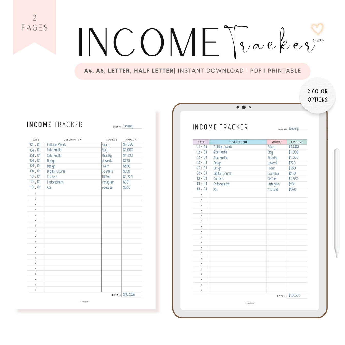Income Tracker Printable M439 mrsneat