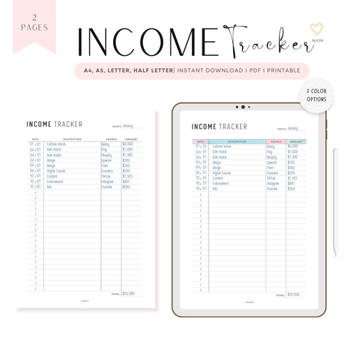 Income Tracker Printable - M439 – mrsneat