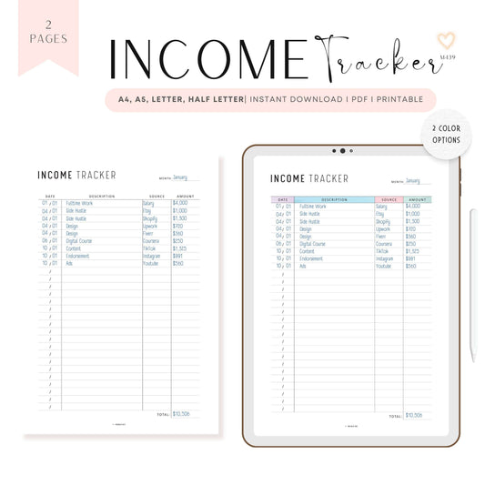 Income Tracker Printable, A4, A5, Letter, Half Letter, Digital Income Tracker, Neutral & Colorful Page