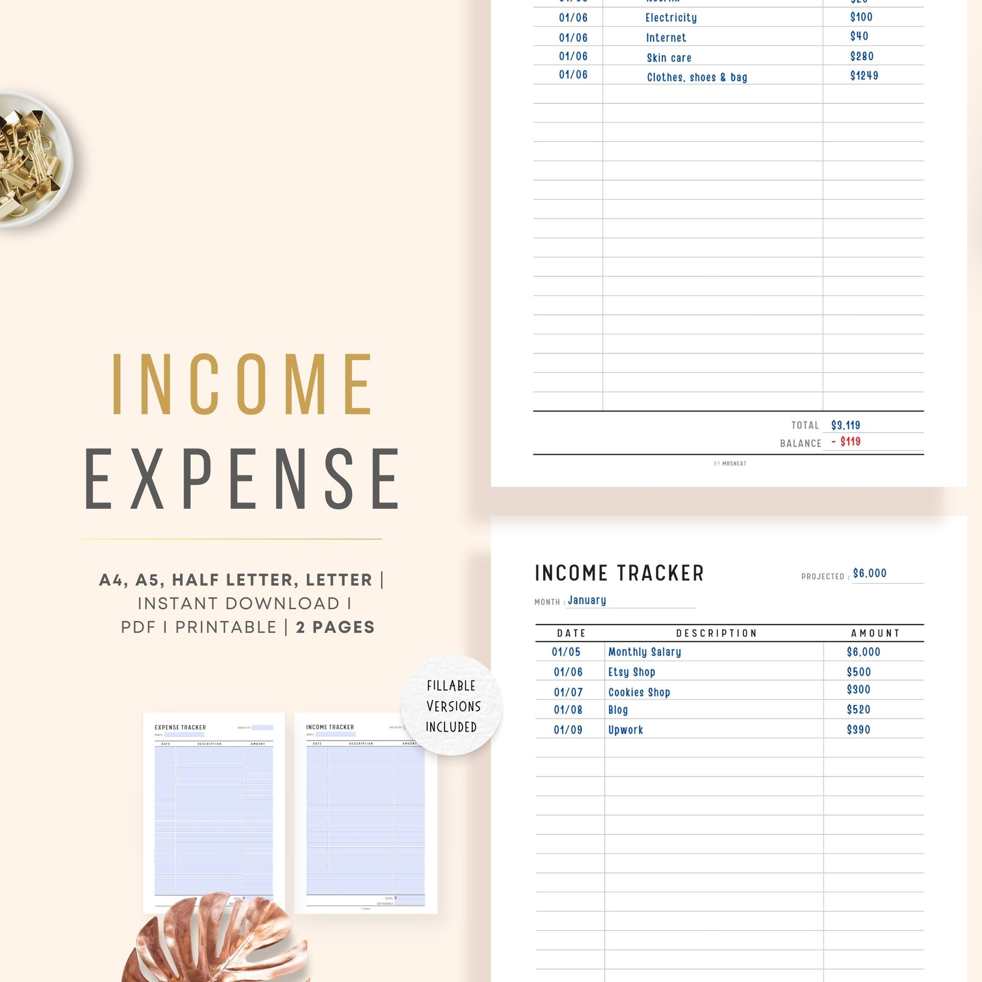 Income Expenses Tracker Printable, Printable Planner, A4, A5, Letter, Half Letter, PDF, Fillable PDF, Printable inserts