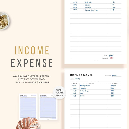 Income Expenses Tracker Printable, Printable Planner, A4, A5, Letter, Half Letter, PDF, Fillable PDF, Printable inserts