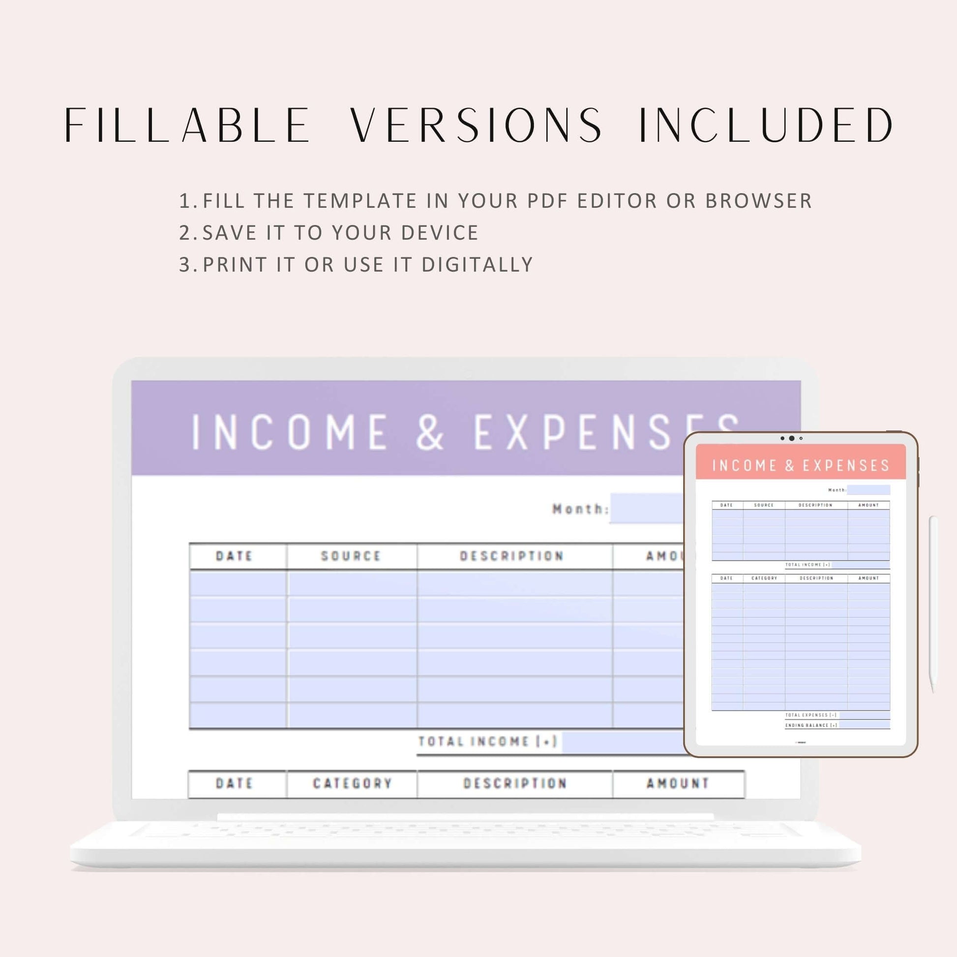 Income and Expense Tracker Template Printable, A4, Purple Planner, Pink Planner, Green Planner, Peach Planner, PDF, PDF Fillable