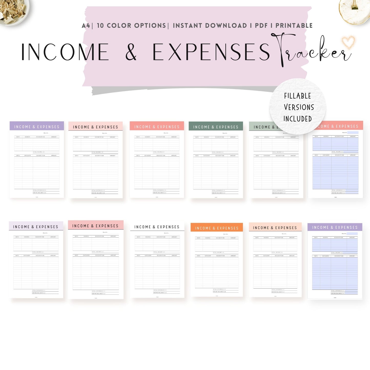 Income and Expense Tracker Template Printable, A4, Purple Planner, Pink Planner, Green Planner, Peach Planner, PDF, PDF Fillable