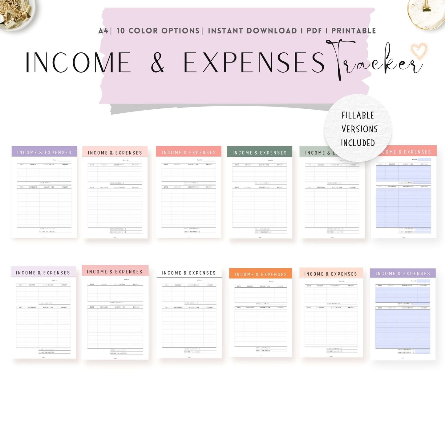 Income and Expense Tracker Template Printable, A4, Purple Planner, Pink Planner, Green Planner, Peach Planner, PDF, PDF Fillable