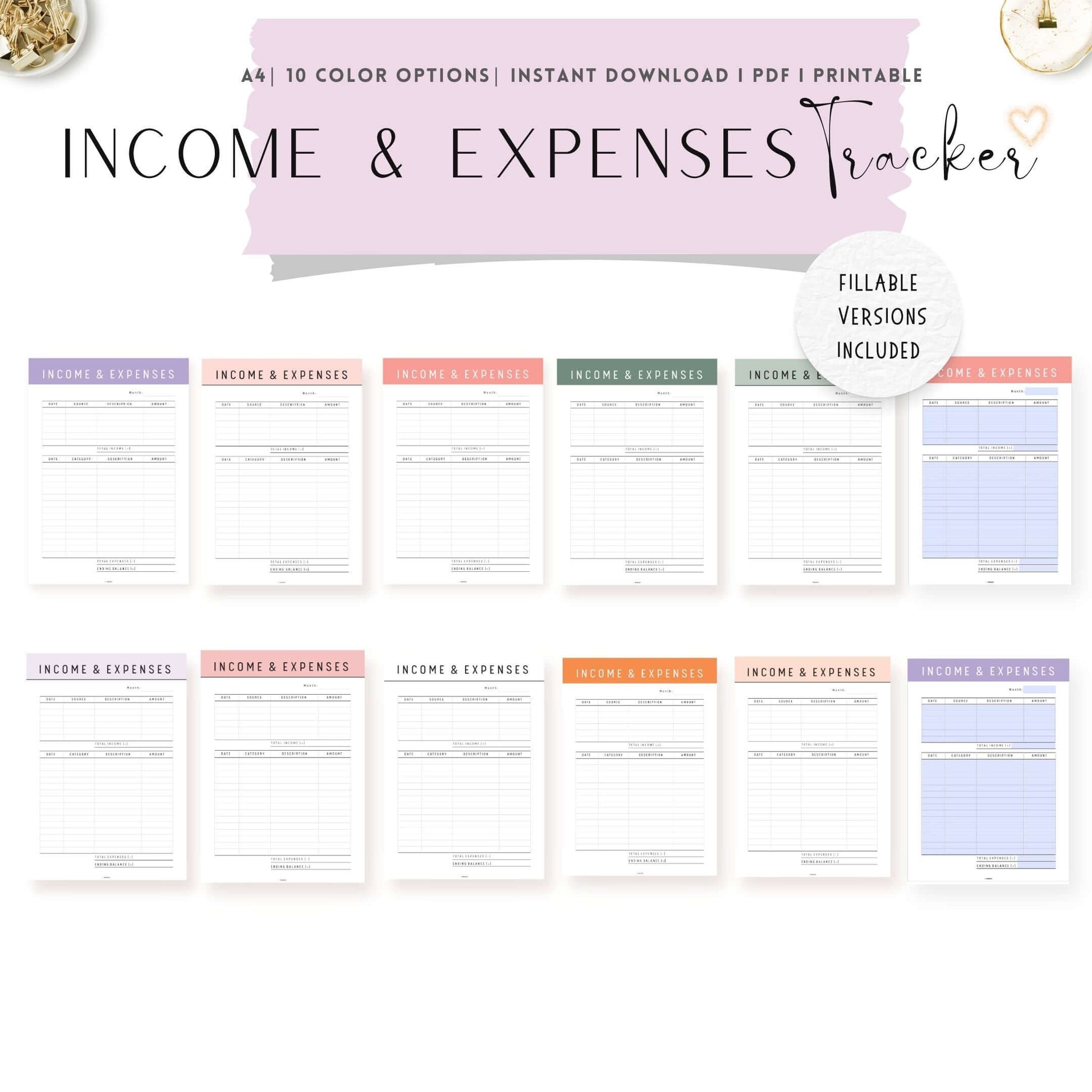 Income and Expense Tracker Template Printable, A4, Purple Planner, Pink Planner, Green Planner, Peach Planner, PDF, PDF Fillable