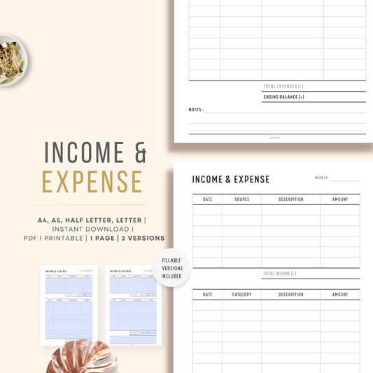 Income and Expense Tracker, A4, A5, Letter, Half Letter, PDF, 2 versions, PDF, Fillable versions